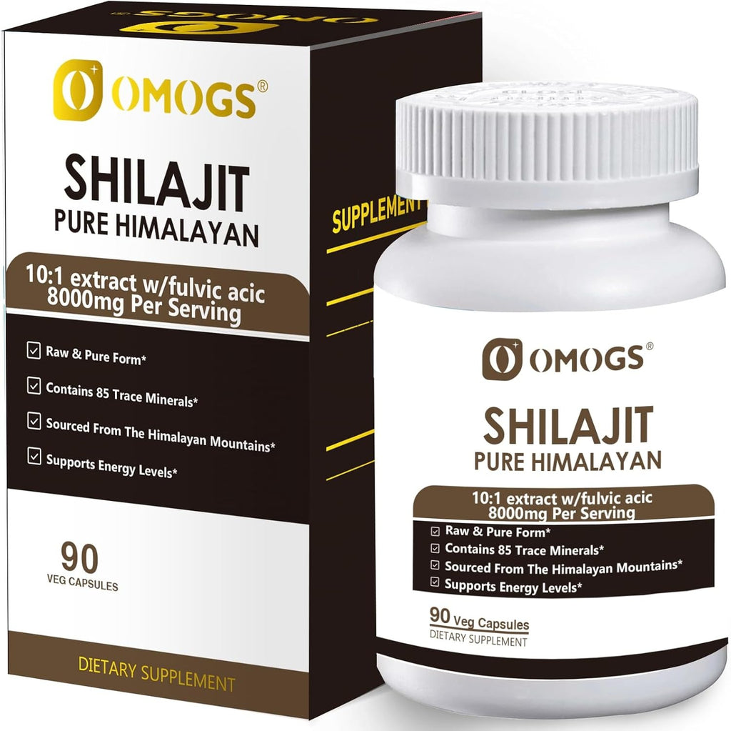 OMOGS Shilajit Pure Himalayan Organic Shilajit Capsules, with Fulvic Acid & 85+ Trace Minerals Complex for Energy, Strength, Stamin & Immunity, for Men/Women - 90 Veg Capsules