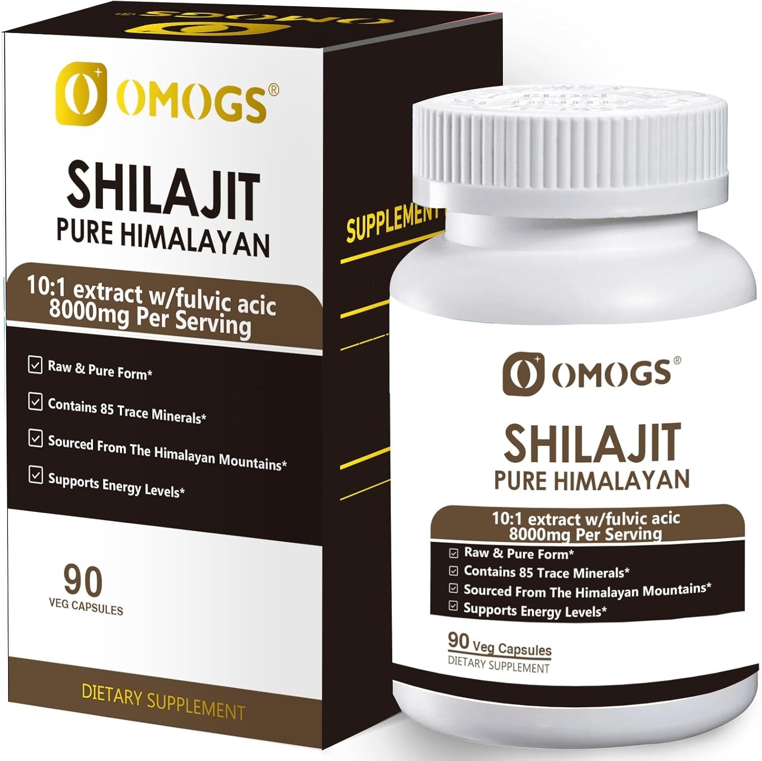 OMOGS Shilajit Pure Himalayan Organic Shilajit Capsules, with Fulvic Acid & 85+ Trace Minerals Complex for Energy, Strength, Stamin & Immunity, for Men/Women - 90 Veg Capsules