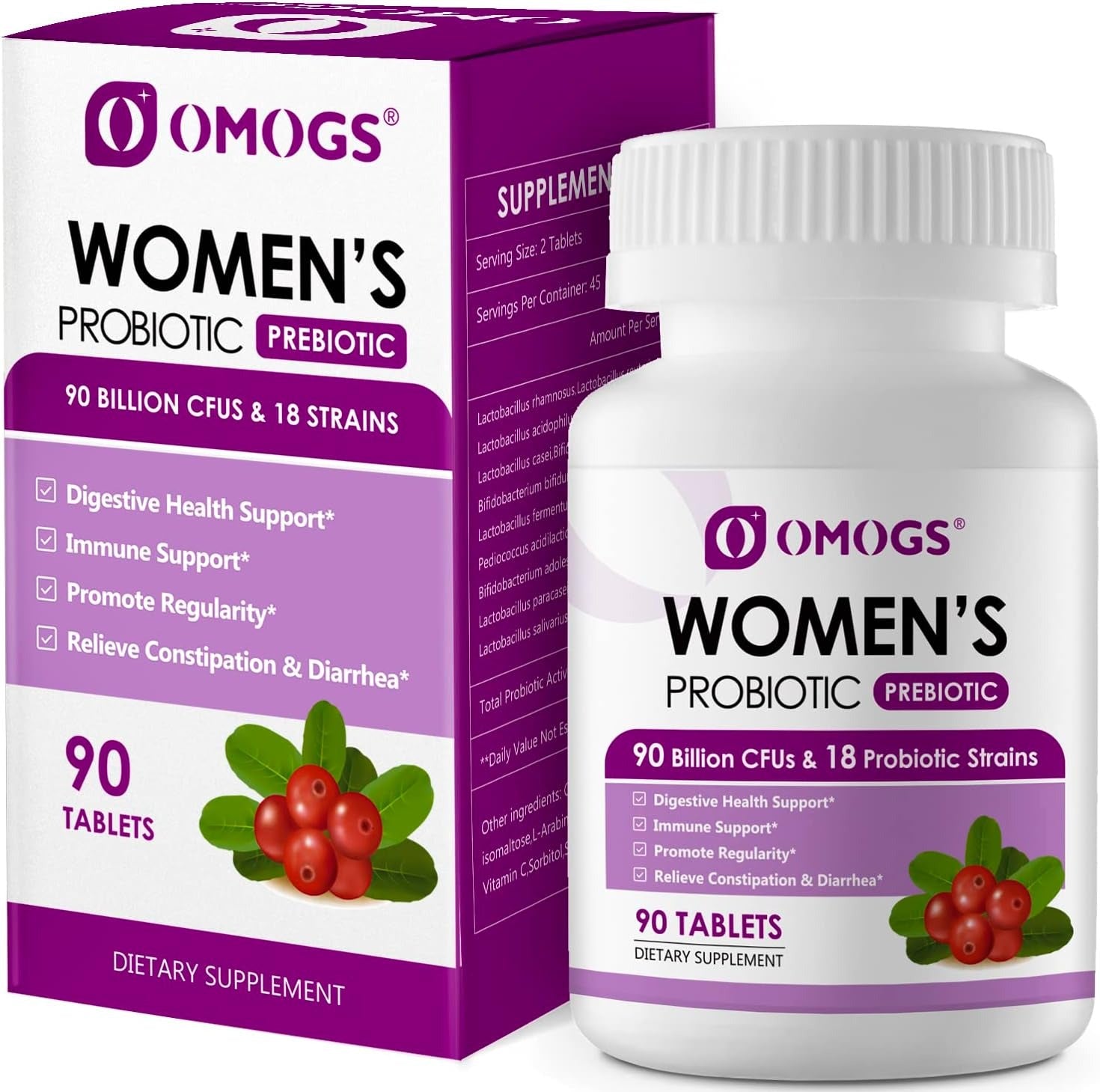 OMOGS Women's Probiotic, with Cranberry Extract, Organic Prebiotics & Vitamin C, 90 Billion CFUs,18 Strains, Help for Boost Immune, Digestive, Gut Health & Women's Health, Gluten & Soy Free,90 Tablets
