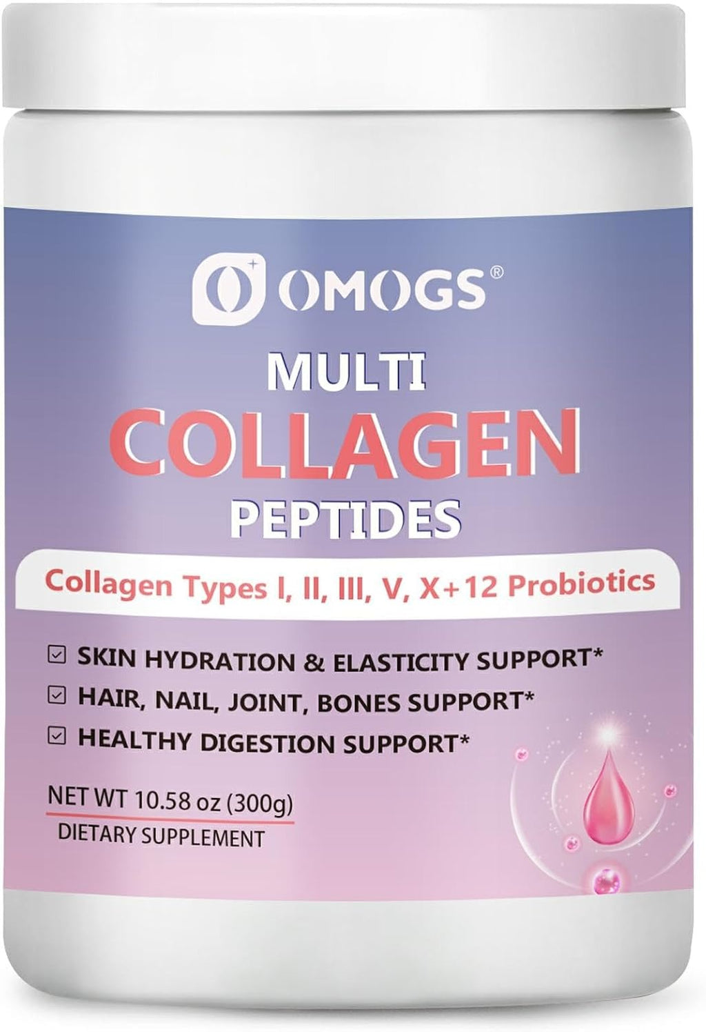 OMOGS Hydrolyzed Collagen Peptide Powder with Prebiotics, Vitamin C & Cranberry Extract，Support Hair, Skin, Nails, Bones, Digestive & Urinary Tract Health, Easy Dissolve, Non-GMO, for Women & Men.