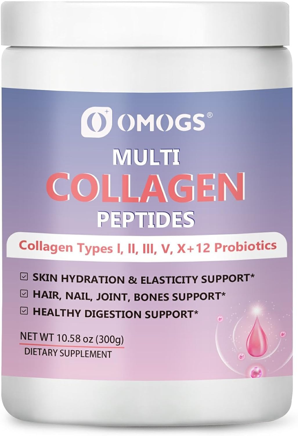 OMOGS Hydrolyzed Collagen Peptide Powder with Prebiotics, Vitamin C & Cranberry Extract，Support Hair, Skin, Nails, Bones, Digestive & Urinary Tract Health, Easy Dissolve, Non-GMO, for Women & Men.