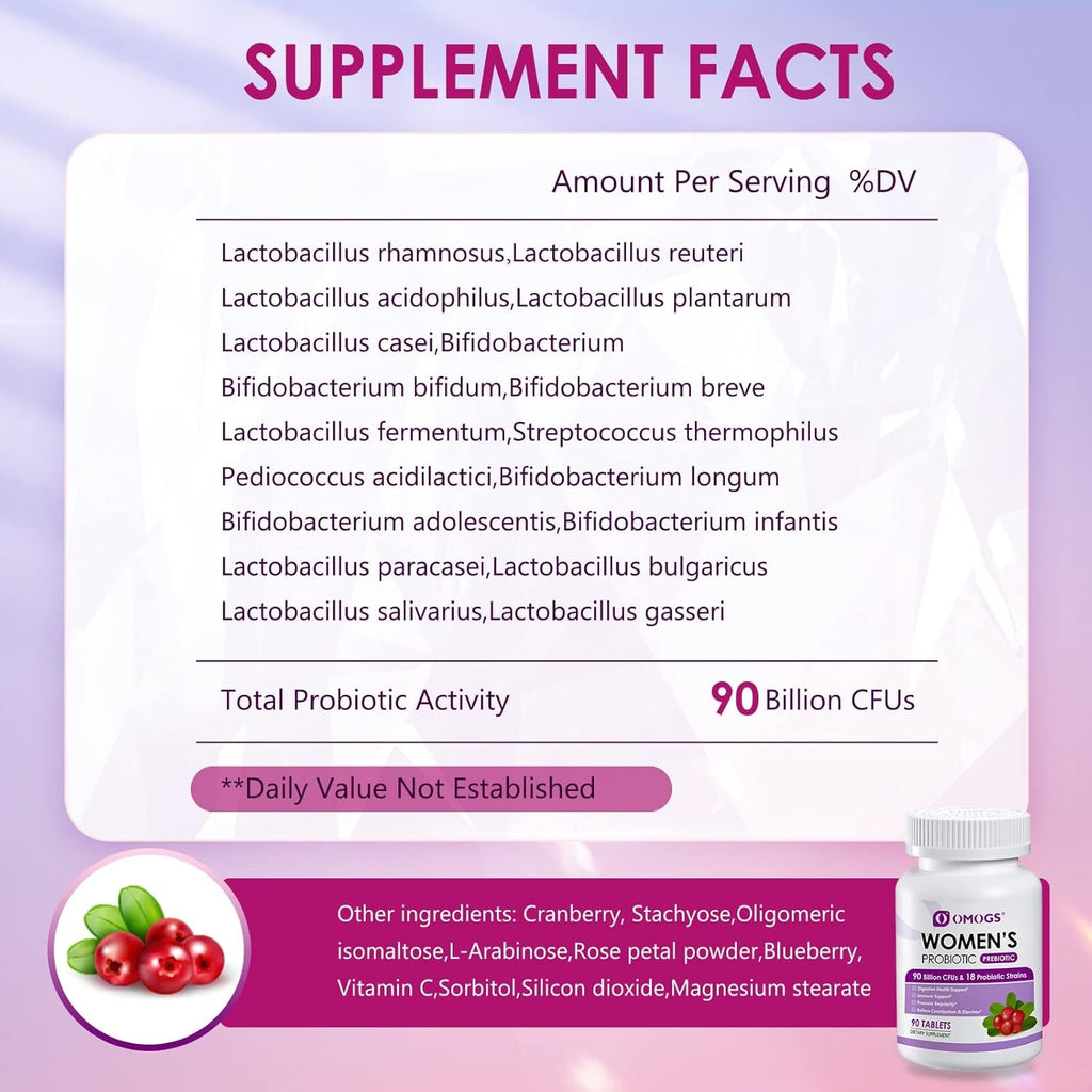 OMOGS Women's Probiotic, with Cranberry Extract, Organic Prebiotics & Vitamin C, 90 Billion CFUs,18 Strains, Help for Boost Immune, Digestive, Gut Health & Women's Health, Gluten & Soy Free,90 Tablets