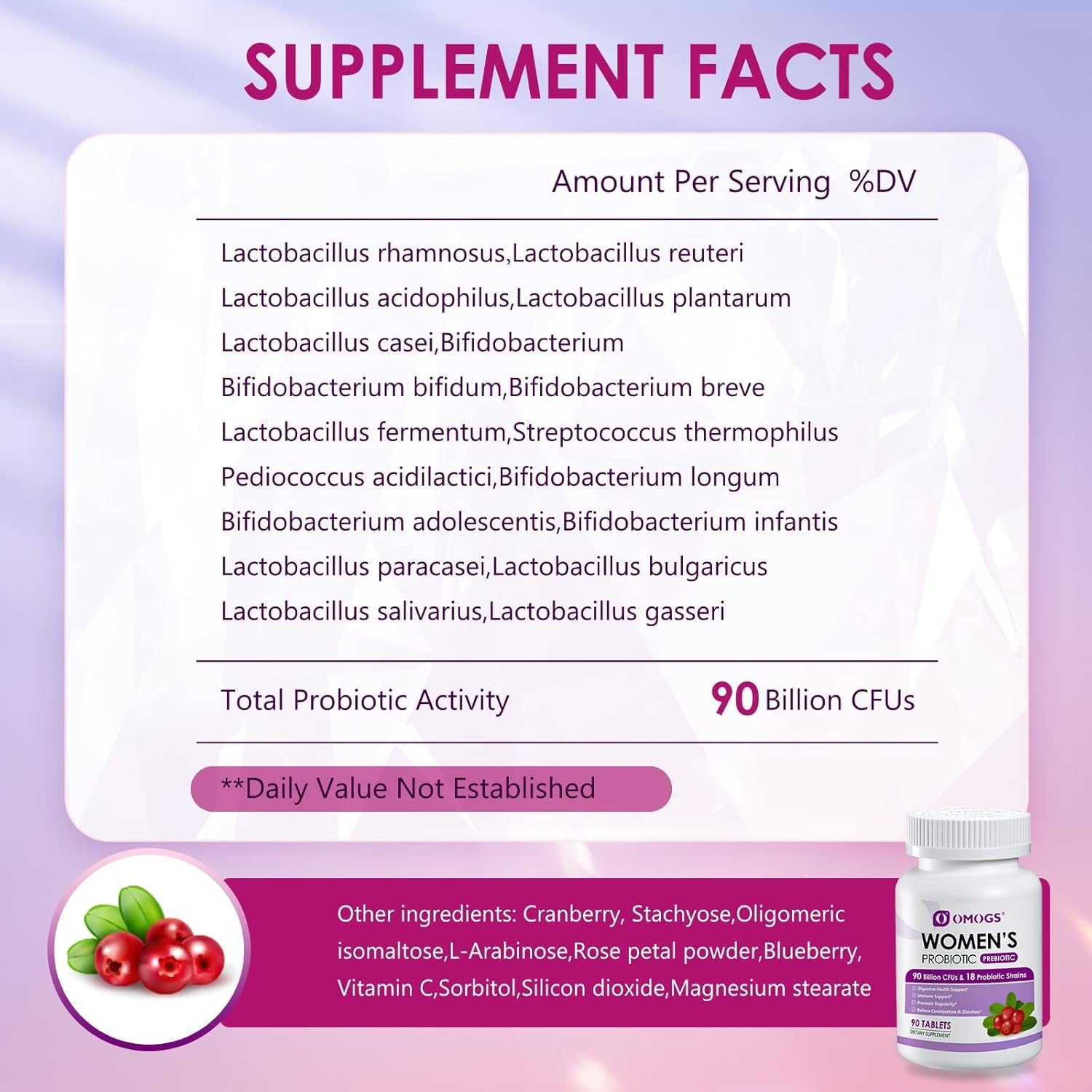 OMOGS Women's Probiotic, with Cranberry Extract, Organic Prebiotics & Vitamin C, 90 Billion CFUs,18 Strains, Help for Boost Immune, Digestive, Gut Health & Women's Health, Gluten & Soy Free,90 Tablets