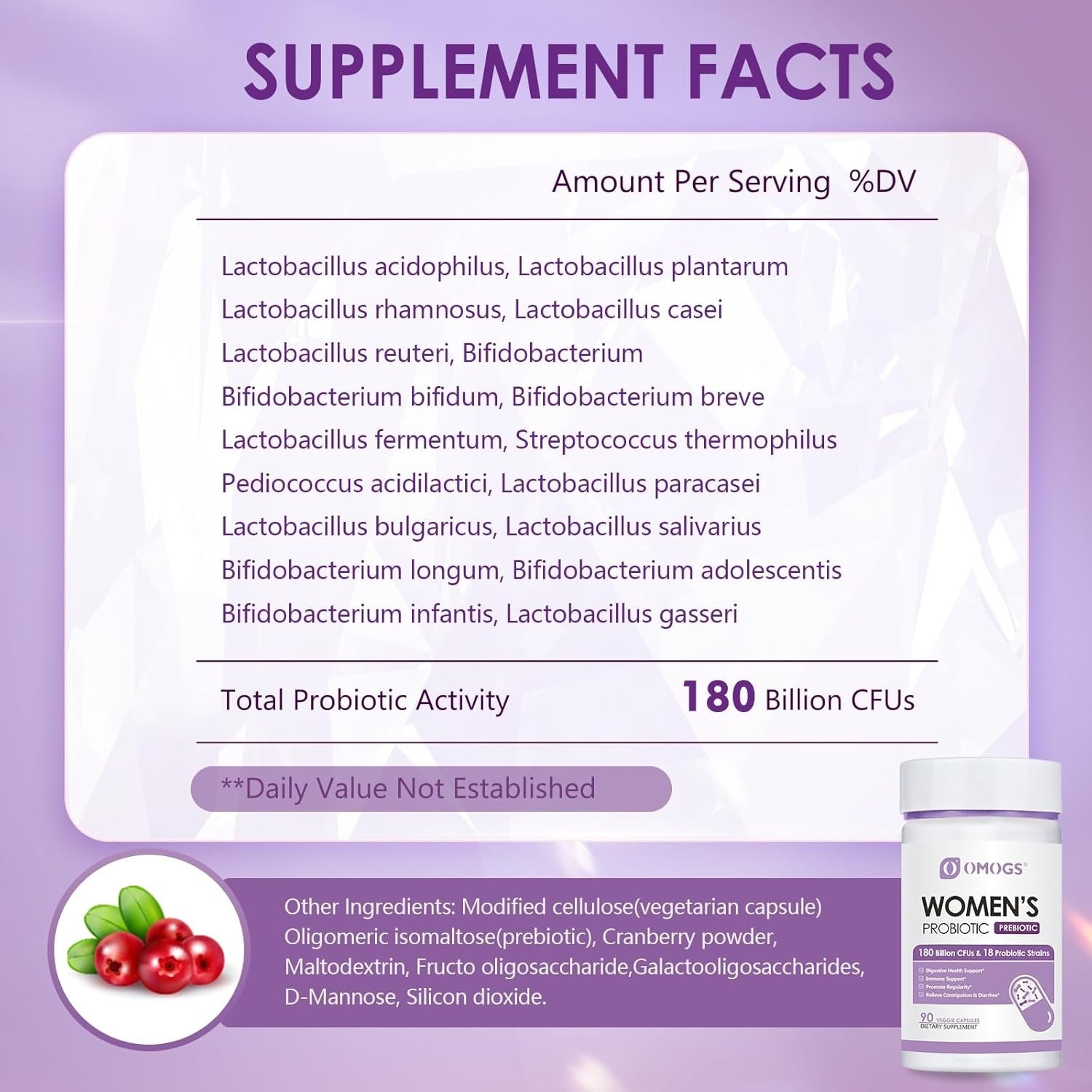 OMOGS Women's Probiotic 180 Billion CFUs 18 Strains, with Organic Prebiotics, Cranberry Extract, D-Mannose & Digestive Enzymes, for Digestive, Boost Immune, PH Balance & Urethral Health, 90 Capsules