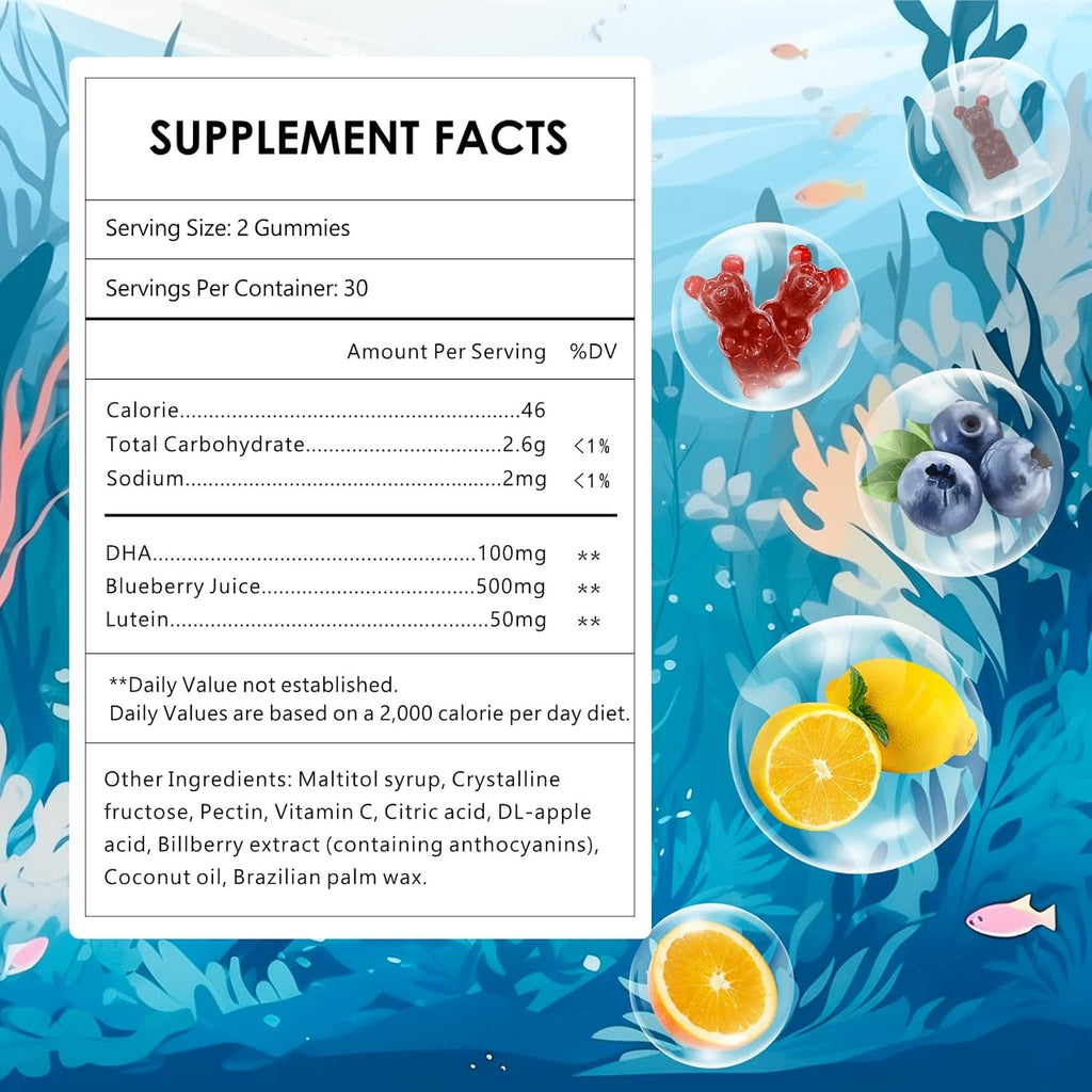 OMOGS Children’s DHA Blueberry Flavoured Gummies, with Lutein, Omega-3 & Vitamin C Algae DHA, for Eye Health, Brain Health & Healthy Immunity, Gluten Free, Vegan, 60 Gummies.