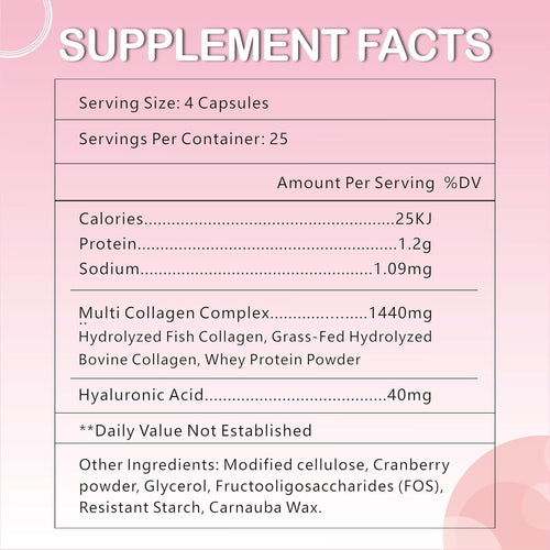 OMOGS Collagen Peptides Capsule，Naturally Sourced Hydrolyzed Collagen with prebiotic & Cranberry Extract - Hair, Skin, Nail, Joint, Digestive Health & Immune Support, Non-GMO, 100 Capsule