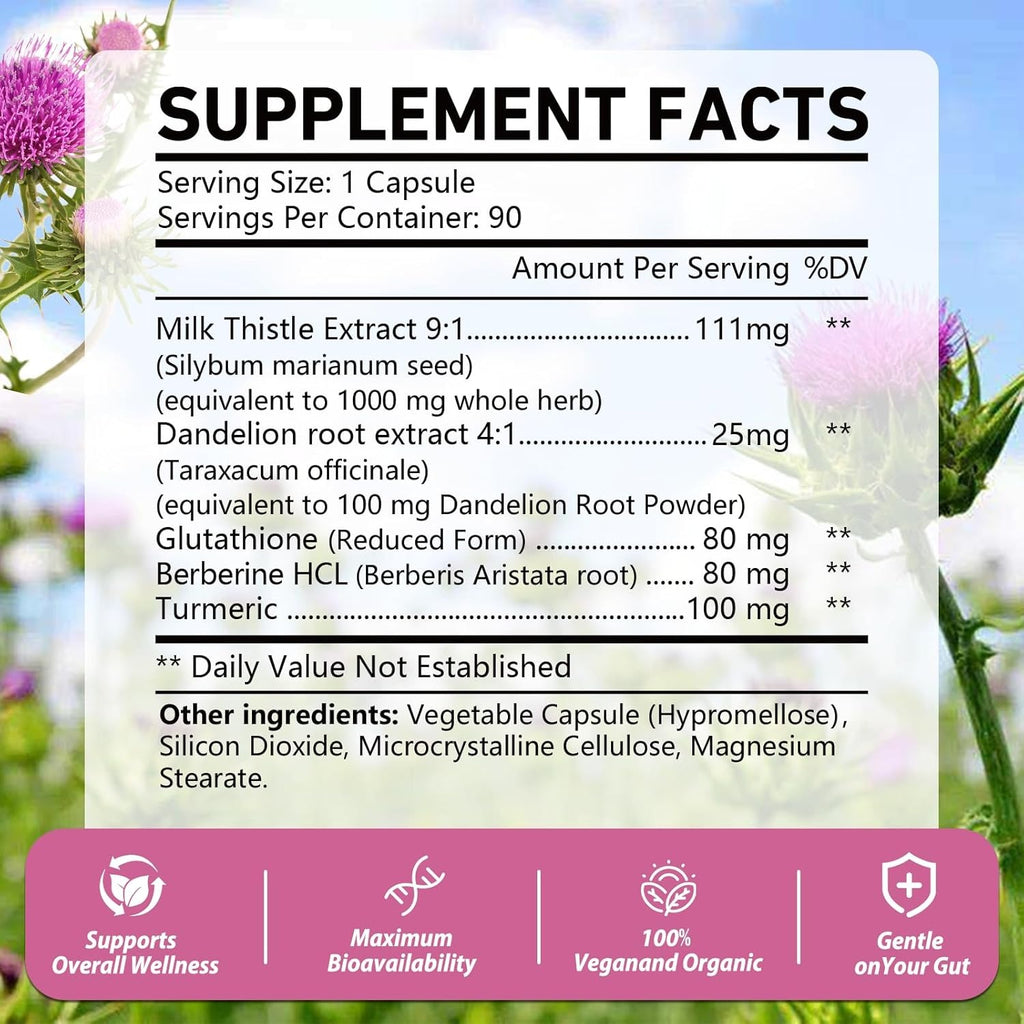 OMOGS Organic Milk Thistle, Herbal Liver Support Milk Thistle Supplement, with Dandelion Root, Glutathione, Berberine HCL &Turmeric, Support Liver Cleanse Detox & Repair, 90 Capsules