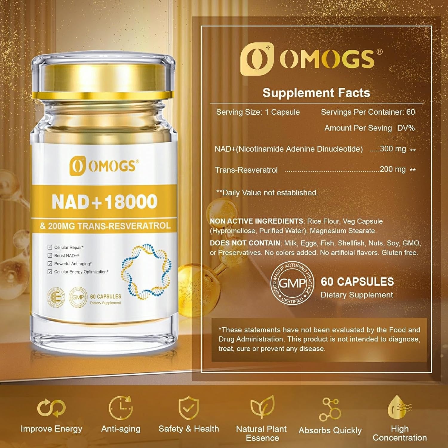 OMOGS NAD+ 300 mg + Trans-Resveratrol 200 mg, Pure NAD Supplement, Max Absorption, Boosting Supplement for DNA Repair, Healthy Aging, Cellular Energy & Longevity, 60 Capsules