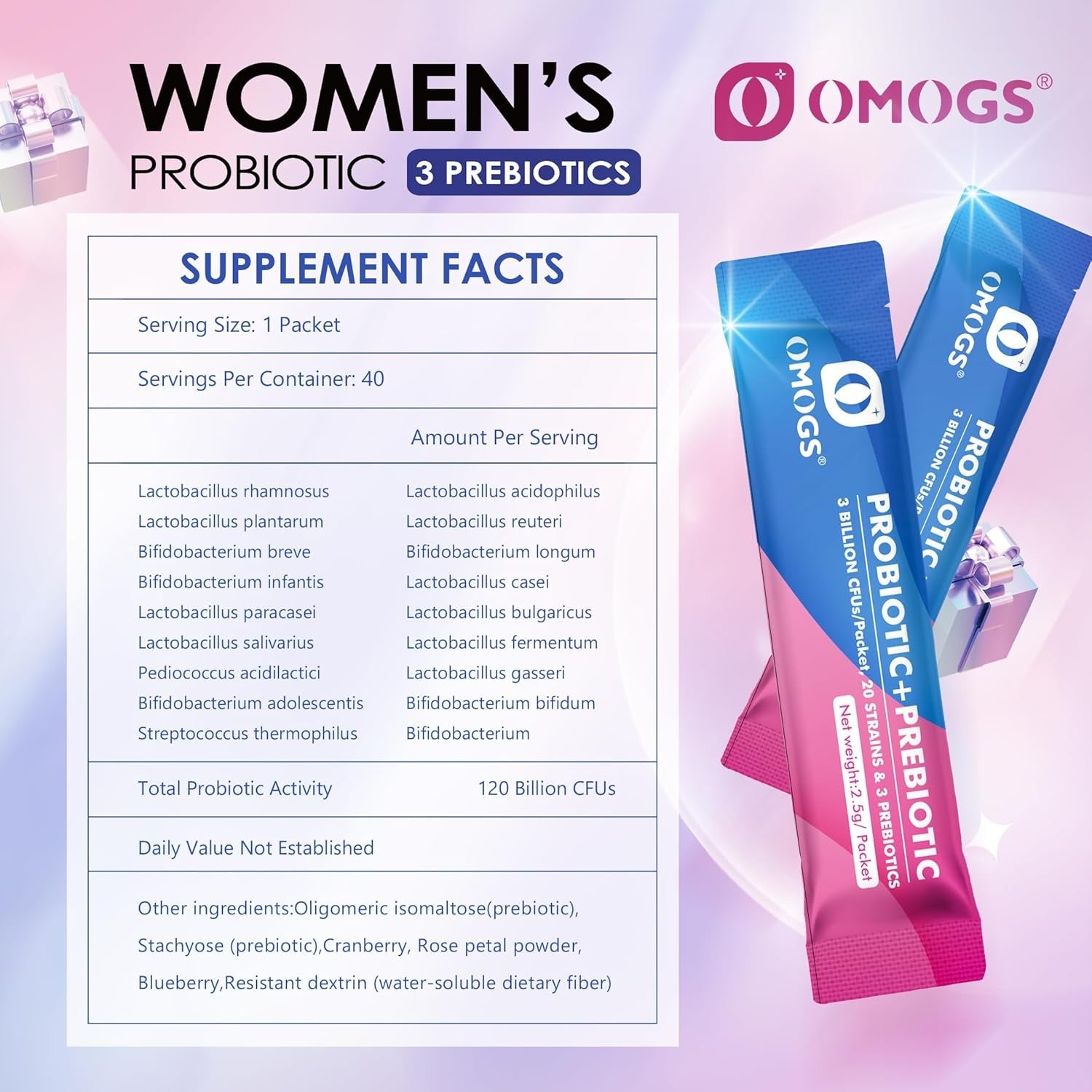 OMOGS Women's Probiotic,120-Billion-CFUs, 18 Strains, with 3 Prebiotics and Cranberry Extract, Help for Immune Booster, Digestive Health, Gut Health and Vaginal Health