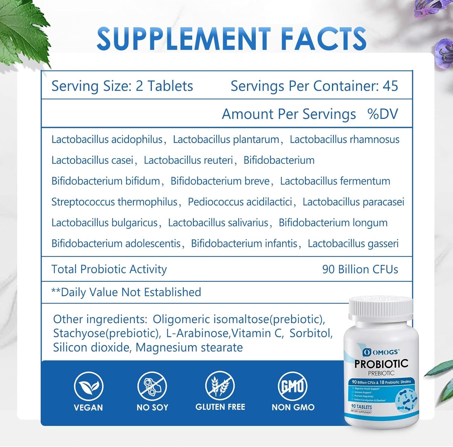 OMOGS Probiotics 90 Billion CFUs 18 Strains,with 3 Organic Prebiotics & Vitamin C,Nutritional Supplement for Women,Men & Kids,Support Metabolism,Immunity and Digestive Health,Non-GMO, 90 Tablets