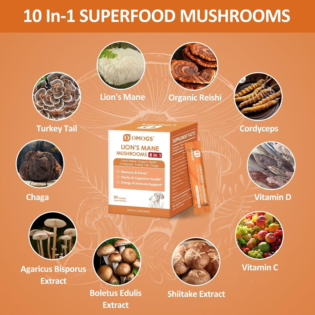OMOGS Organic Mushroom Complex Extract Powder Blend Lion's Mane, Reishi, Chaga, Cordyceps, Turkey Tail, Support Cognition, Clarity, Focus & Mood, Brain Health, 30 Servings