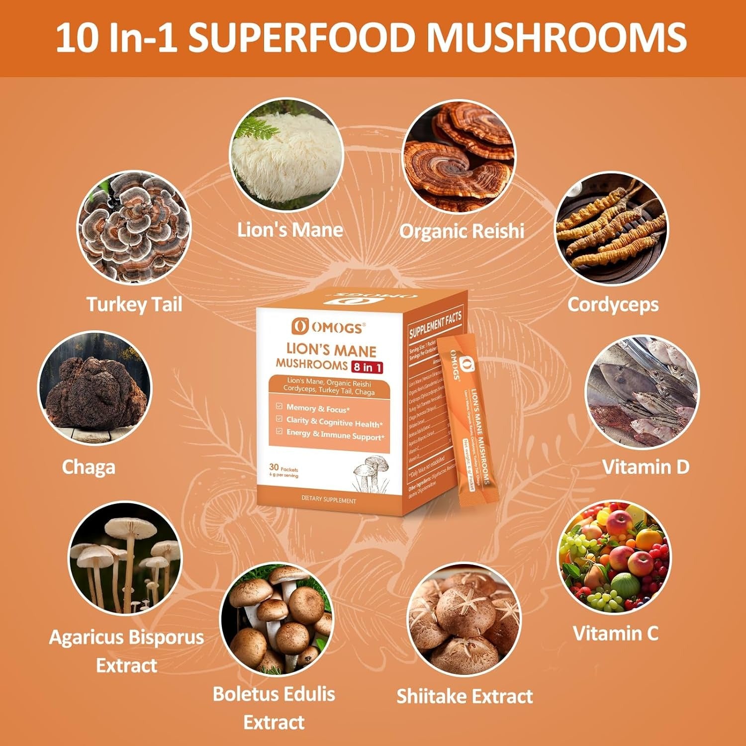OMOGS Organic Mushroom Complex Extract Powder Blend Lion's Mane, Reishi, Chaga, Cordyceps, Turkey Tail, Support Cognition, Clarity, Focus & Mood, Brain Health, 30 Servings