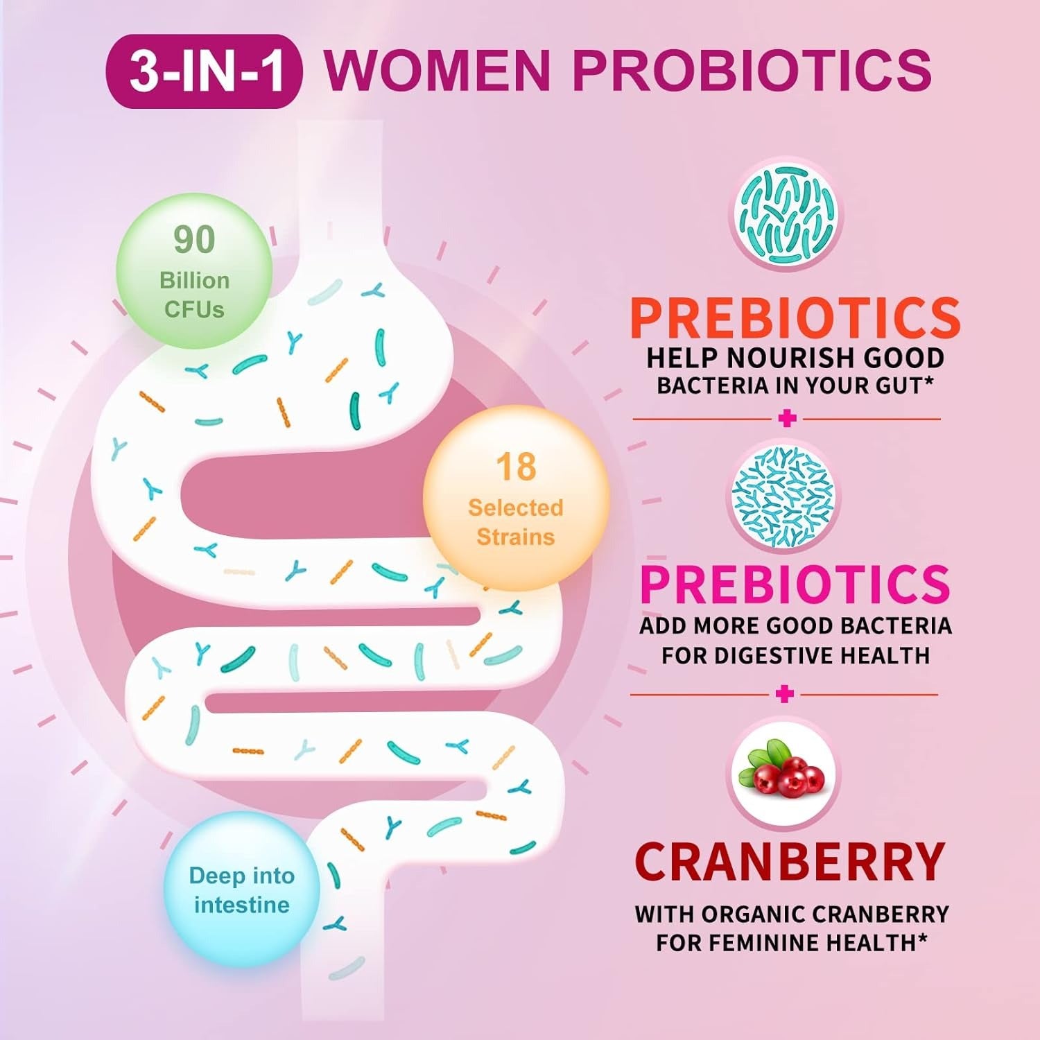 OMOGS Women's Probiotic, with Cranberry Extract, Organic Prebiotics & Vitamin C, 90 Billion CFUs,18 Strains, Help for Boost Immune, Digestive, Gut Health & Women's Health, Gluten & Soy Free,90 Tablets