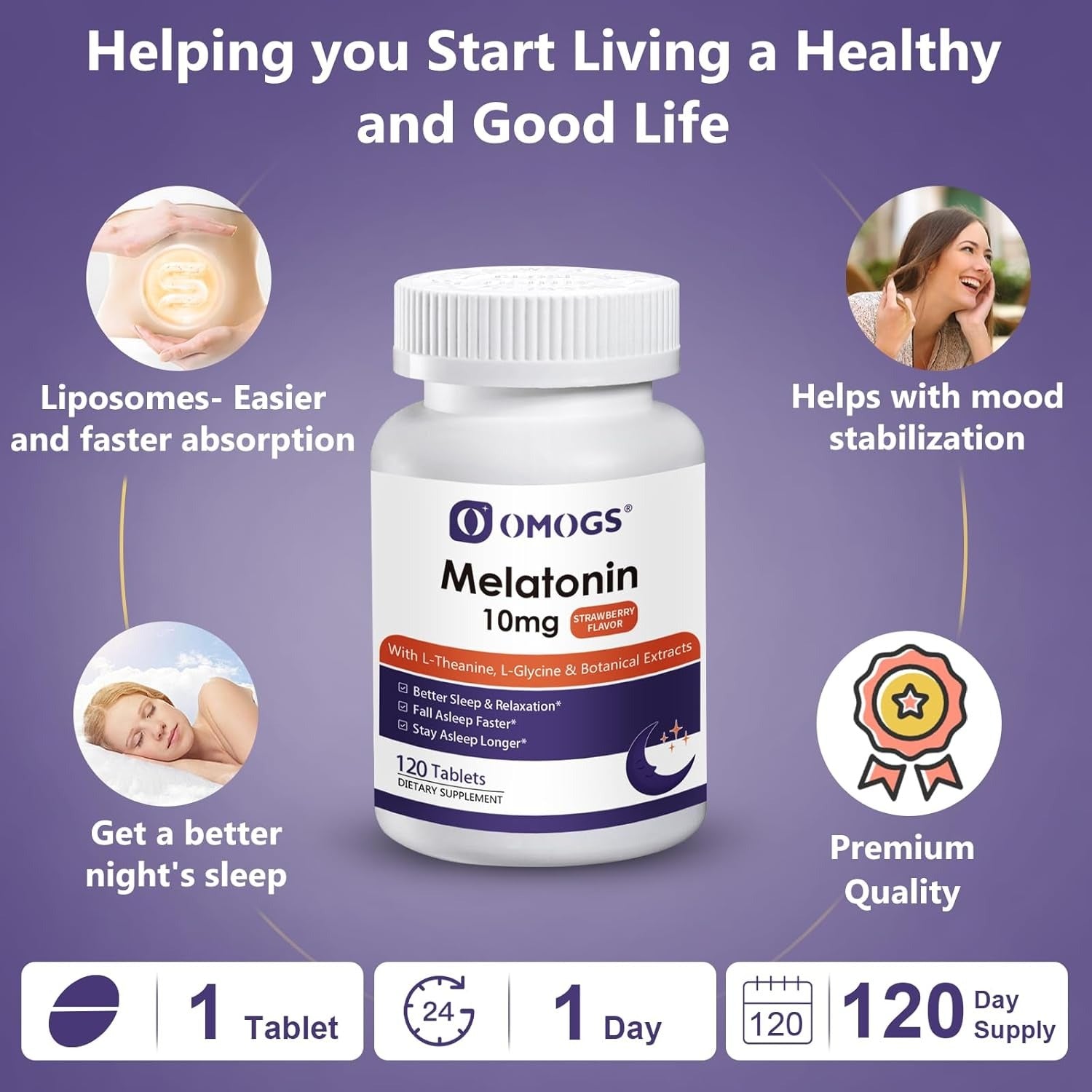 OMOGS Melatonin Sleep Supplements, Fast Dissolve Melatonin 10mg Tablets,with L-Theanine .L-Glycine & Vitamin, Promotes Relaxation & Sleep Health, Strawberry Flavor, 120-Day Supply.