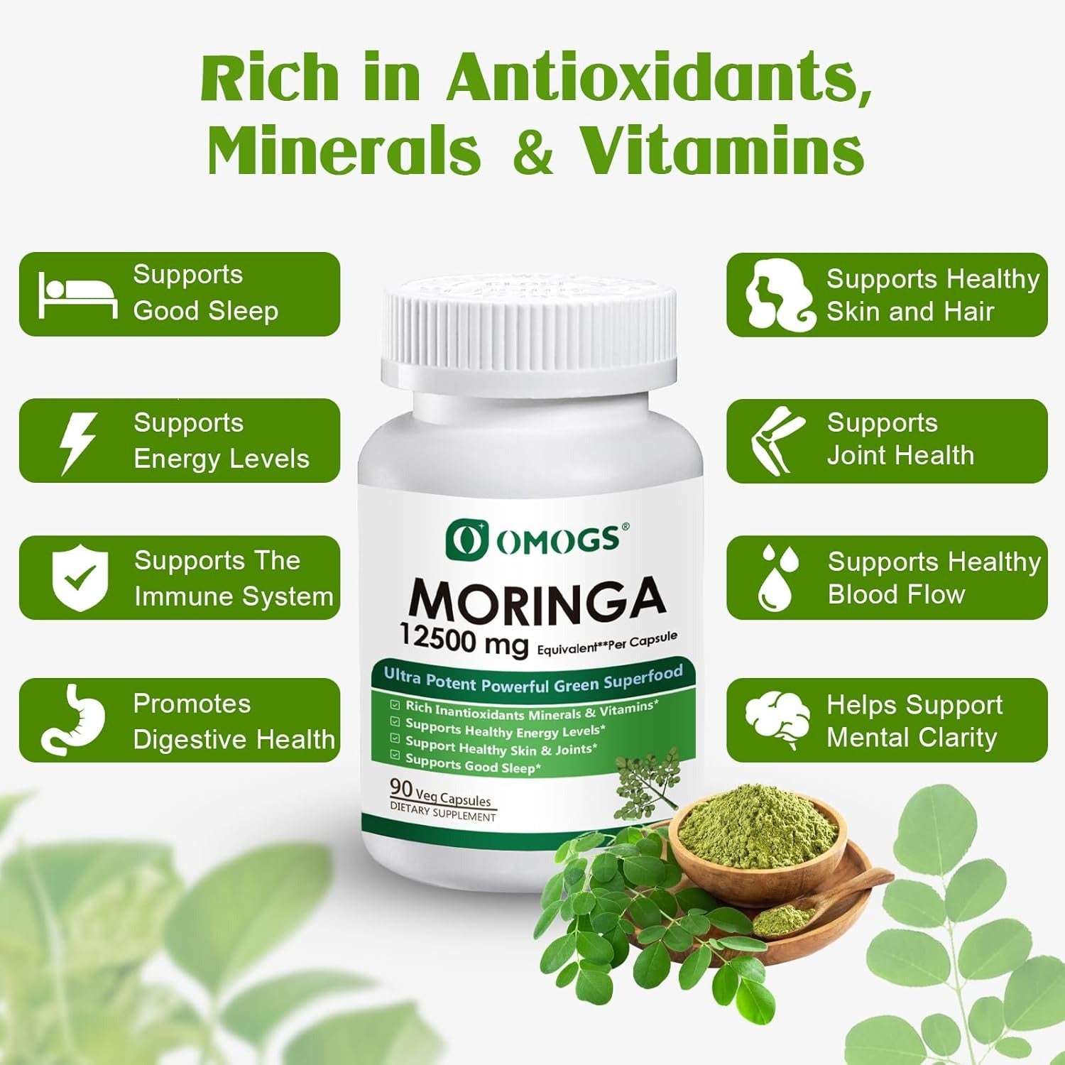 OMOGS Moringa Capsules, Pure Moringa Oleifera Leaf Powder Supplement, Rich Inantioxidants Minerals & Vitamins, for Energy, Metabolism, Immunity & Sleep, Non-GMO, 90 Veg Capsules