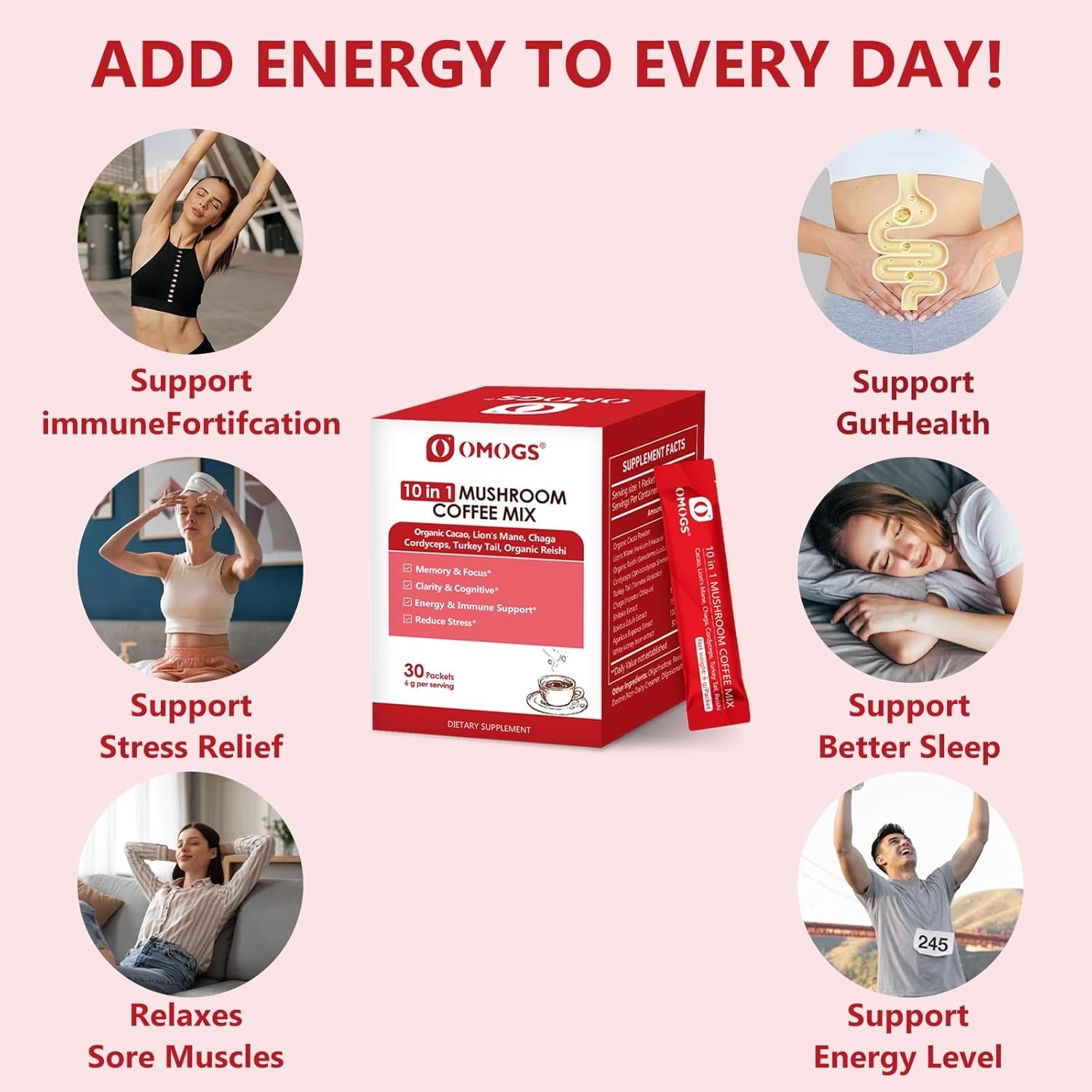 OMOGS Mushroom Coffee, 10 in 1 Extract Powder Blend Lion's Mane, Reishi, Cordyceps, Chaga, Turkey Tail, Instant Coffee-for Energy, Focus, Memory, Digestion & Immunity, 30 Serving