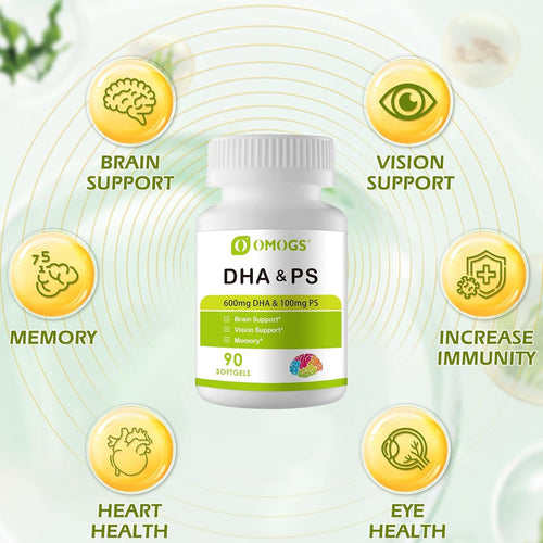 OMOGS Algae DHA - 600 mg Omega-3 DHA Softgels, with Phosphatidylserine & Walnut Oil, Supports Healthy Brain Function, Vision, Eye & Memory, Gluten Free, Non-GMO Vegan Algae Oil, 90 Softgels
