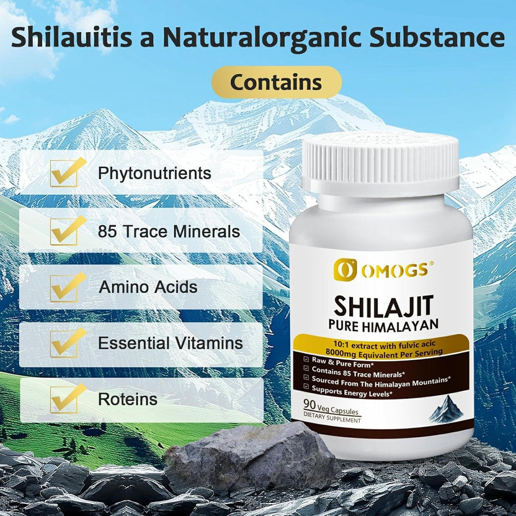 OMOGS Shilajit Pure Himalayan Organic Shilajit Capsules, with Fulvic Acid & 85+ Trace Minerals Complex for Energy, Strength, Stamin & Immunity, for Men/Women - 90 Veg Capsules