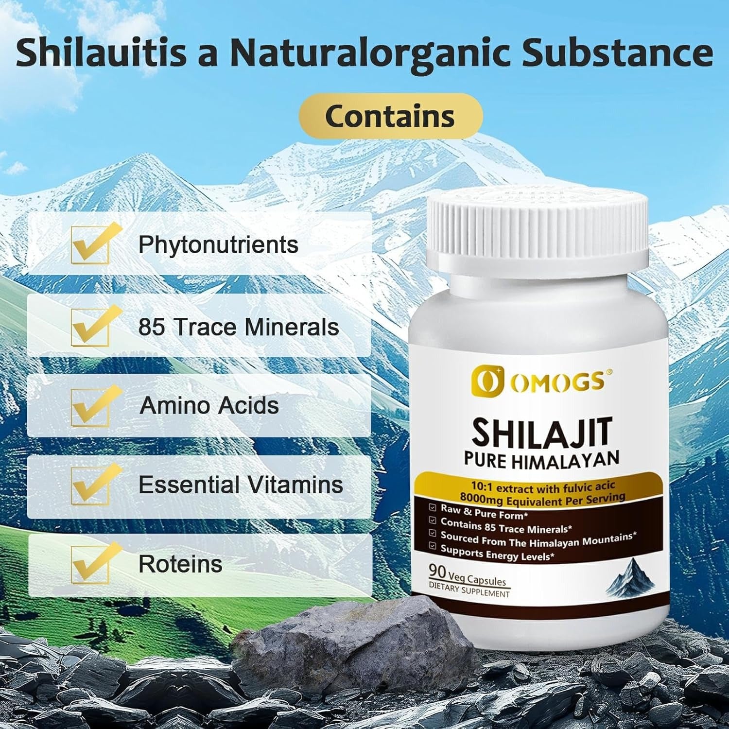 OMOGS Shilajit Pure Himalayan Organic Shilajit Capsules, with Fulvic Acid & 85+ Trace Minerals Complex for Energy, Strength, Stamin & Immunity, for Men/Women - 90 Veg Capsules