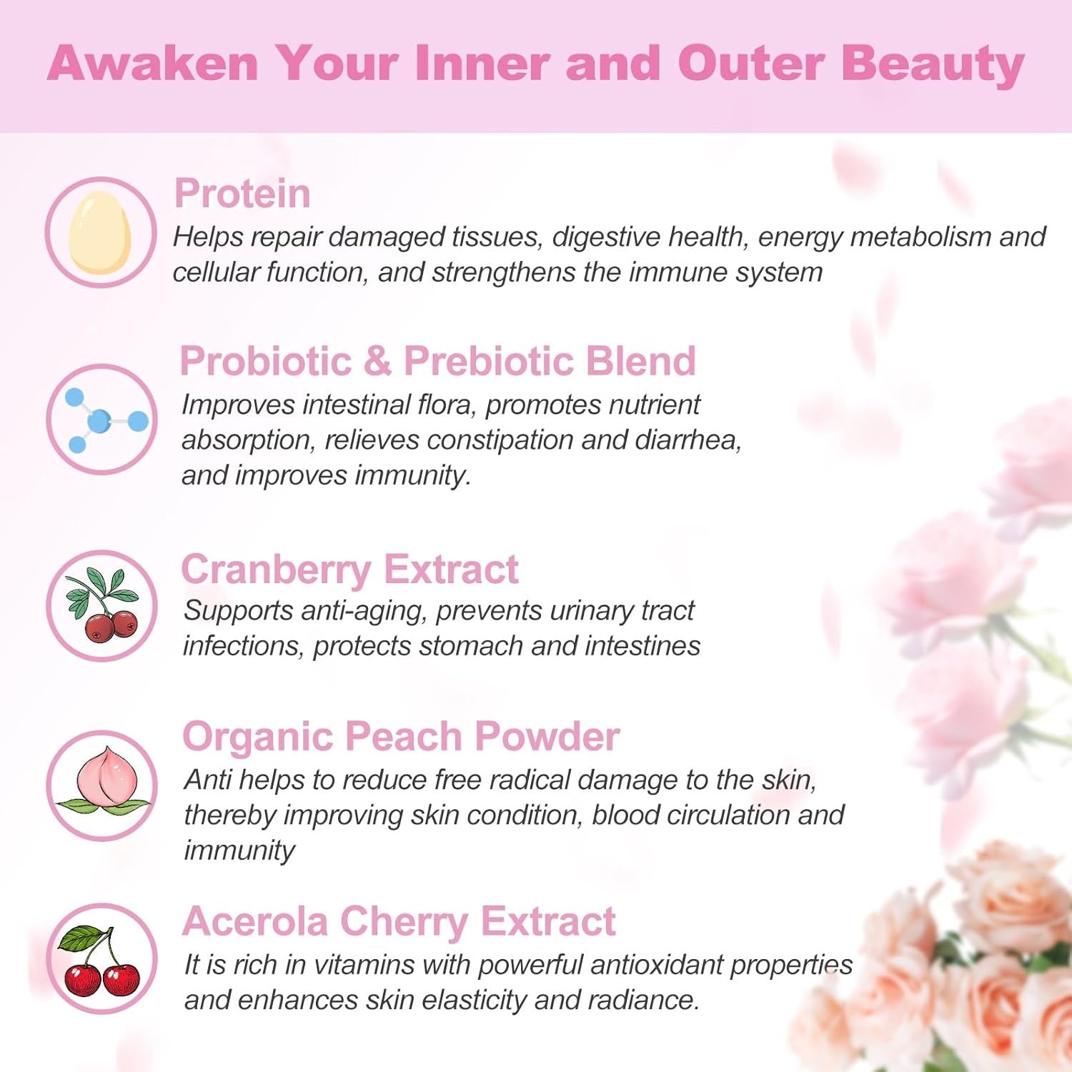 OMOGS Hydrolyzed Collagen Peptide Powder with Prebiotics, Vitamin C & Cranberry Extract，Support Hair, Skin, Nails, Bones, Digestive & Urinary Tract Health, Easy Dissolve, Non-GMO, for Women & Men.
