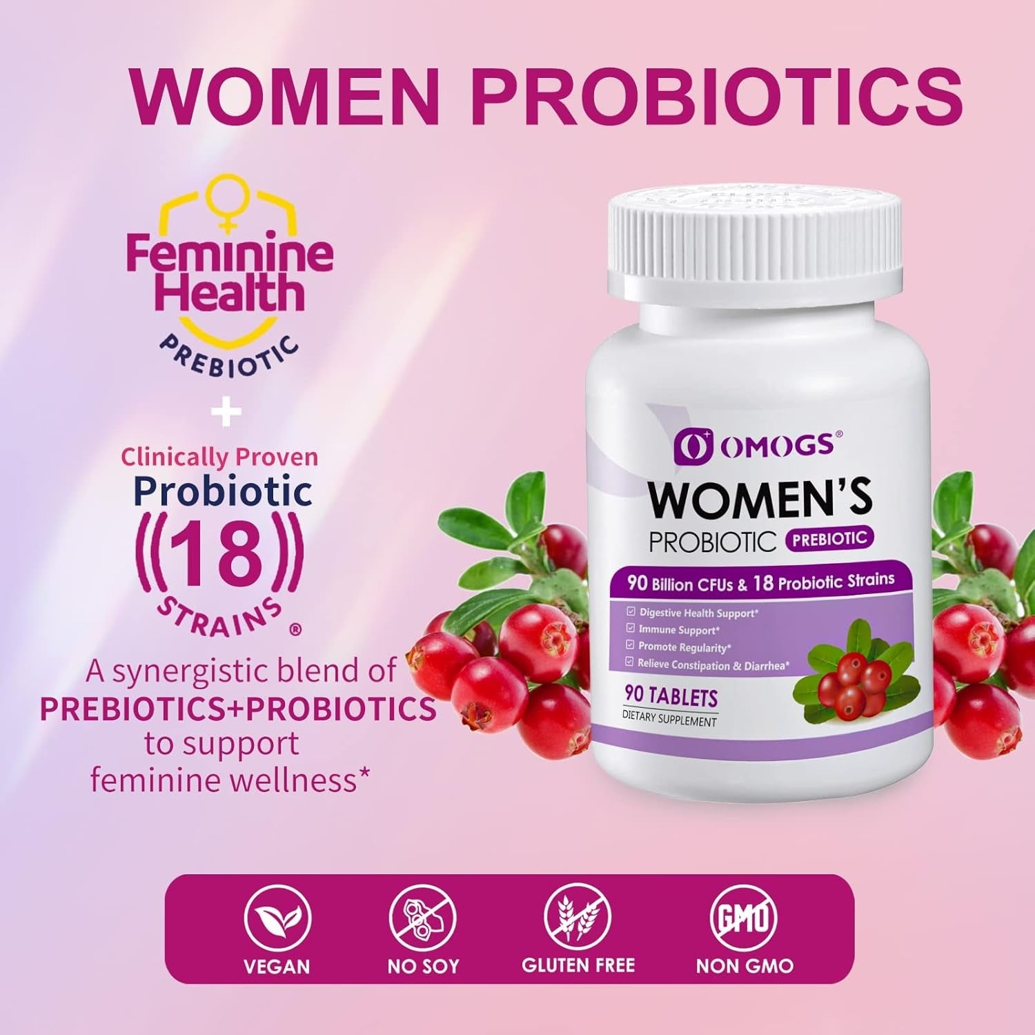 OMOGS Women's Probiotic, with Cranberry Extract, Organic Prebiotics & Vitamin C, 90 Billion CFUs,18 Strains, Help for Boost Immune, Digestive, Gut Health & Women's Health, Gluten & Soy Free,90 Tablets
