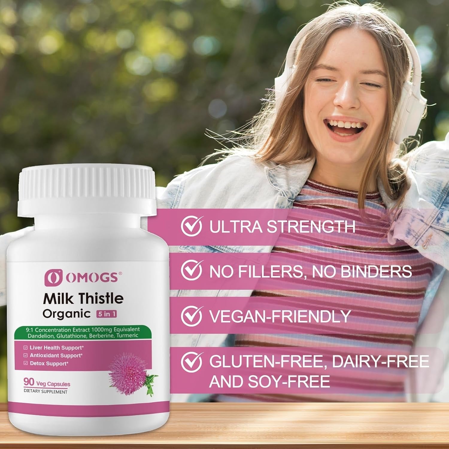 OMOGS Organic Milk Thistle, Herbal Liver Support Milk Thistle Supplement, with Dandelion Root, Glutathione, Berberine HCL &Turmeric, Support Liver Cleanse Detox & Repair, 90 Capsules