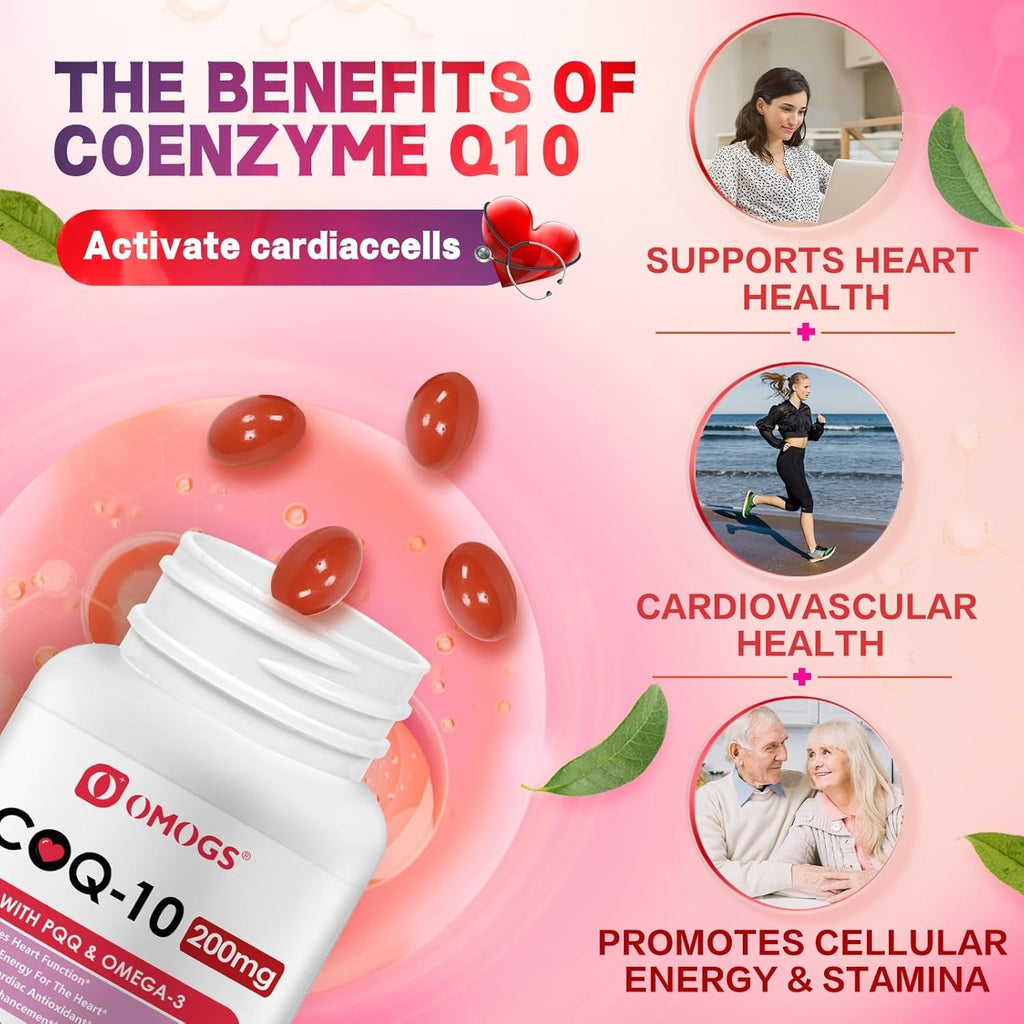 OMOGS CoQ10 200mg Softgels, Coenzyme Q10 High Absorption Supplements Support Heart Health, Cardiovascular Health, Immune System & Cellular Energy Production, Gluten Free, 90 Softgels