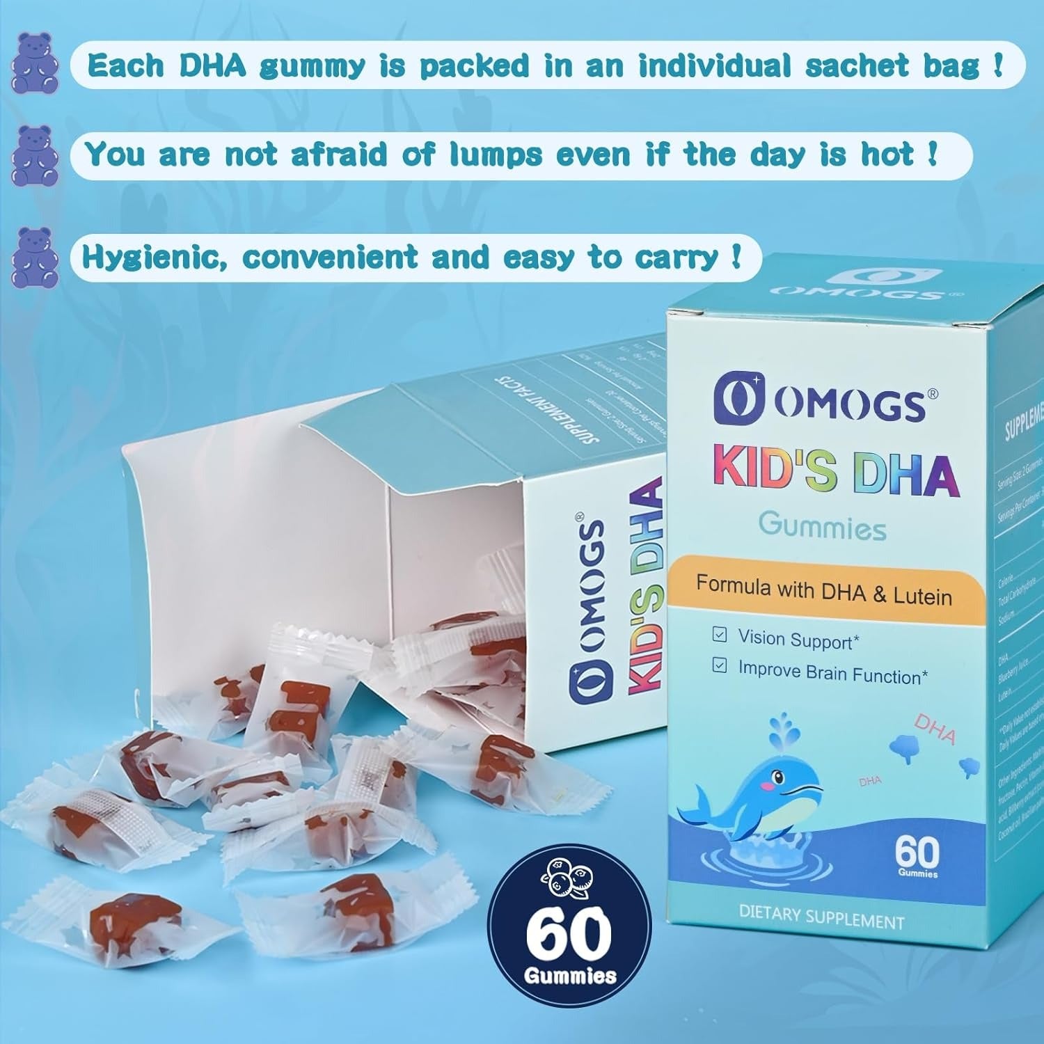 OMOGS Children’s DHA Blueberry Flavoured Gummies, with Lutein, Omega-3 & Vitamin C Algae DHA, for Eye Health, Brain Health & Healthy Immunity, Gluten Free, Vegan, 60 Gummies.