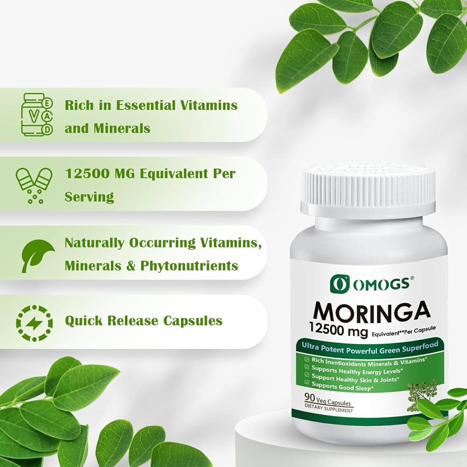 OMOGS Moringa Capsules, Pure Moringa Oleifera Leaf Powder Supplement, Rich Inantioxidants Minerals & Vitamins, for Energy, Metabolism, Immunity & Sleep, Non-GMO, 90 Veg Capsules
