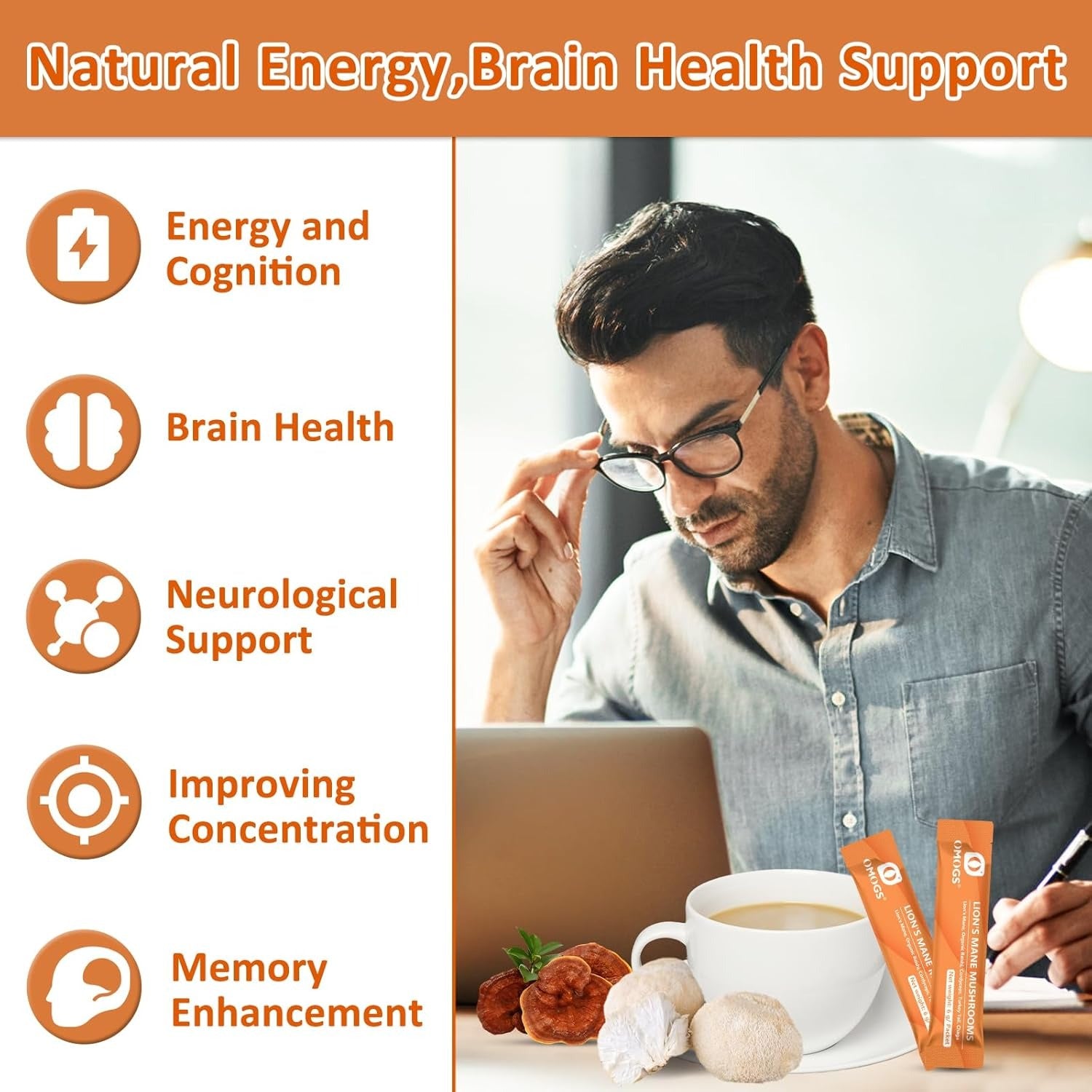 OMOGS Organic Mushroom Complex Extract Powder Blend Lion's Mane, Reishi, Chaga, Cordyceps, Turkey Tail, Support Cognition, Clarity, Focus & Mood, Brain Health, 30 Servings