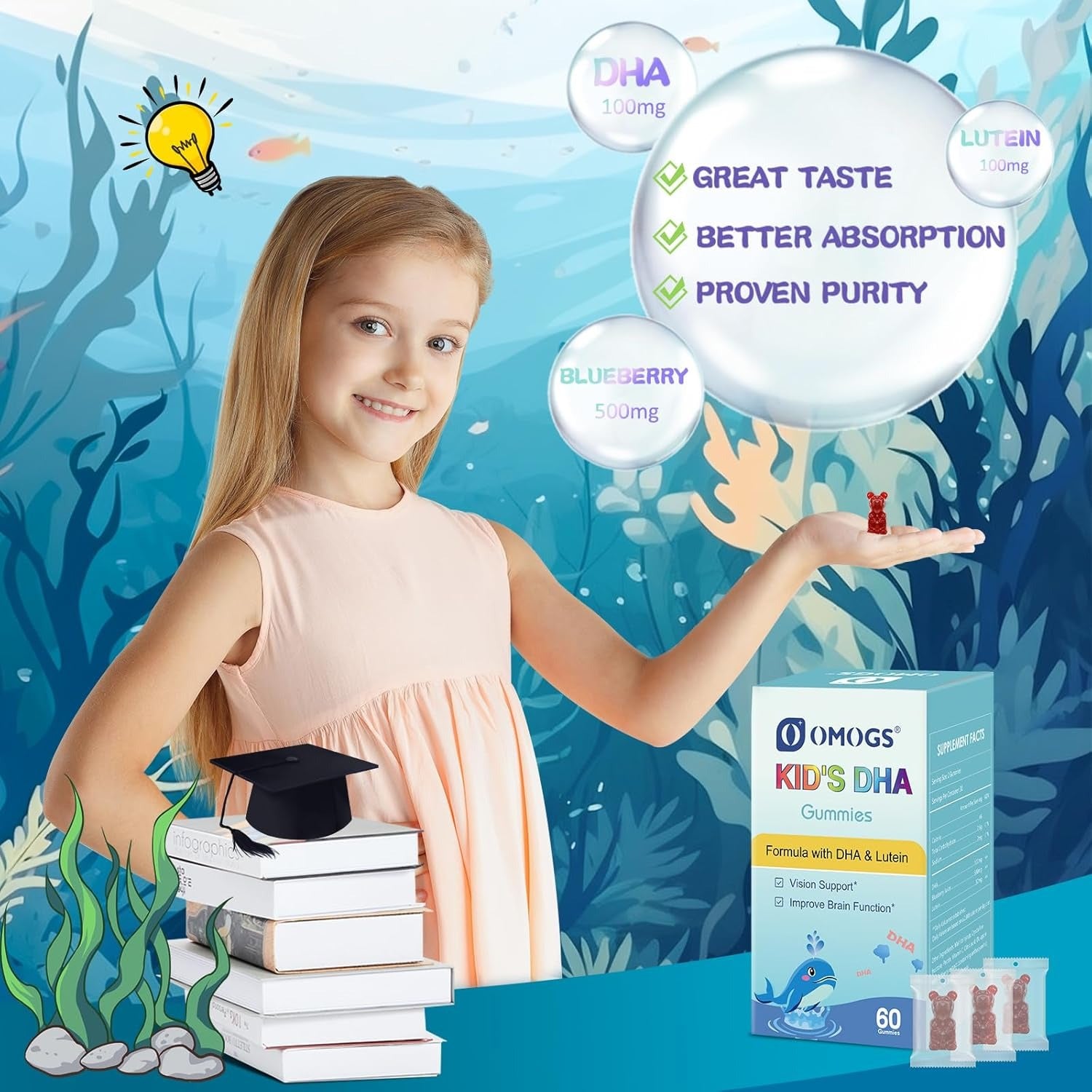 OMOGS Children’s DHA Blueberry Flavoured Gummies, with Lutein, Omega-3 & Vitamin C Algae DHA, for Eye Health, Brain Health & Healthy Immunity, Gluten Free, Vegan, 60 Gummies.