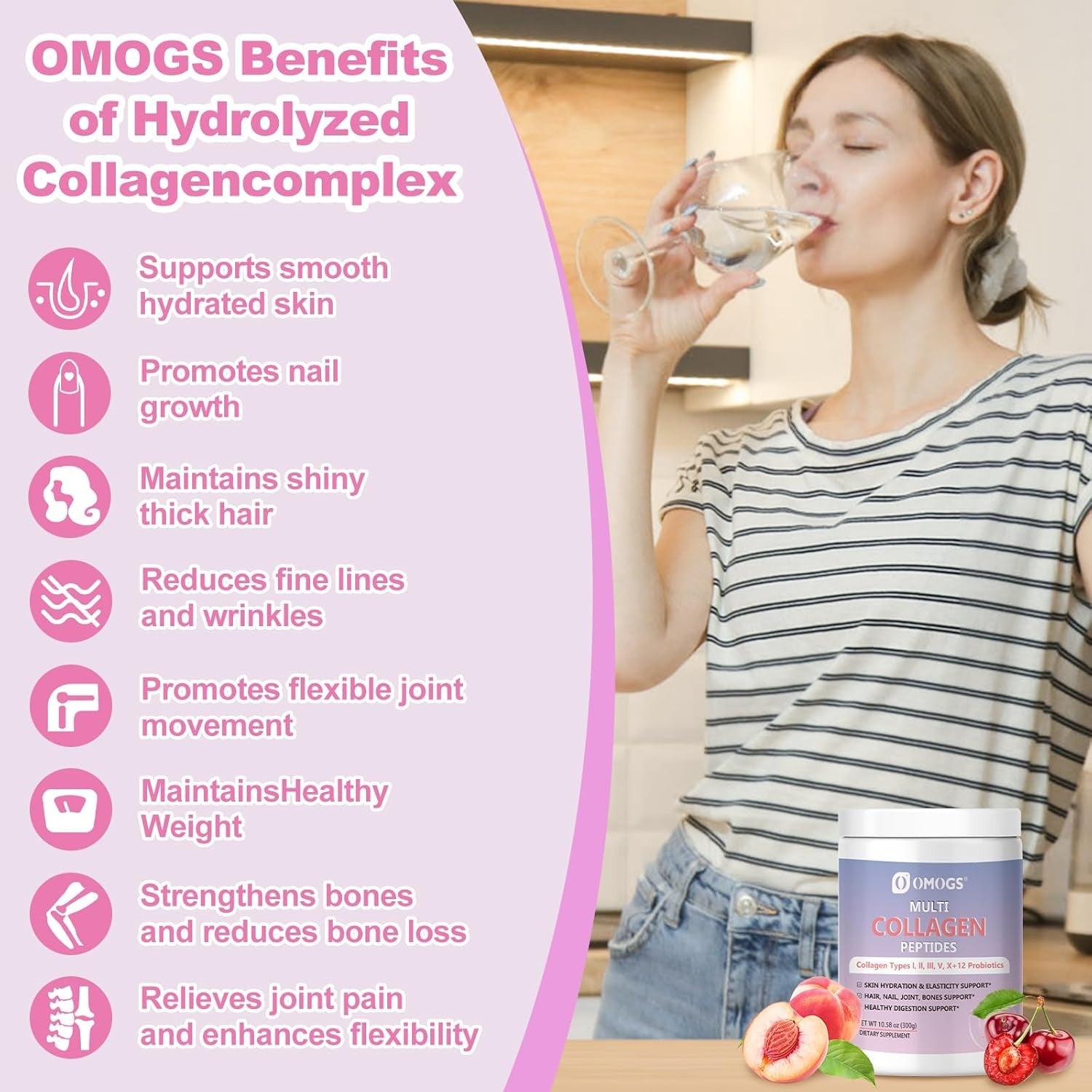 OMOGS Hydrolyzed Collagen Peptide Powder with Prebiotics, Vitamin C & Cranberry Extract，Support Hair, Skin, Nails, Bones, Digestive & Urinary Tract Health, Easy Dissolve, Non-GMO, for Women & Men.
