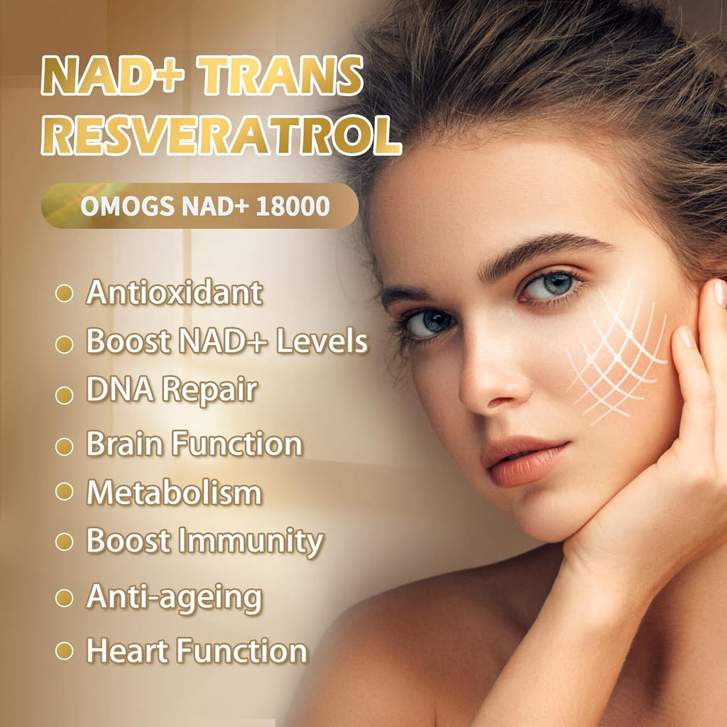 OMOGS NAD+ 300 mg + Trans-Resveratrol 200 mg, Pure NAD Supplement, Max Absorption, Boosting Supplement for DNA Repair, Healthy Aging, Cellular Energy & Longevity, 60 Capsules