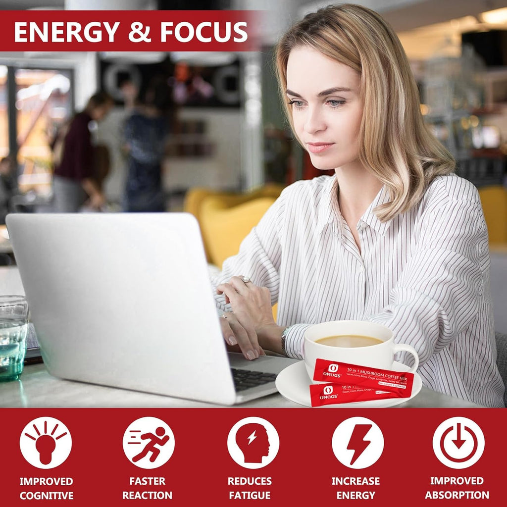 OMOGS Mushroom Coffee, 10 in 1 Extract Powder Blend Lion's Mane, Reishi, Cordyceps, Chaga, Turkey Tail, Instant Coffee-for Energy, Focus, Memory, Digestion & Immunity, 30 Serving