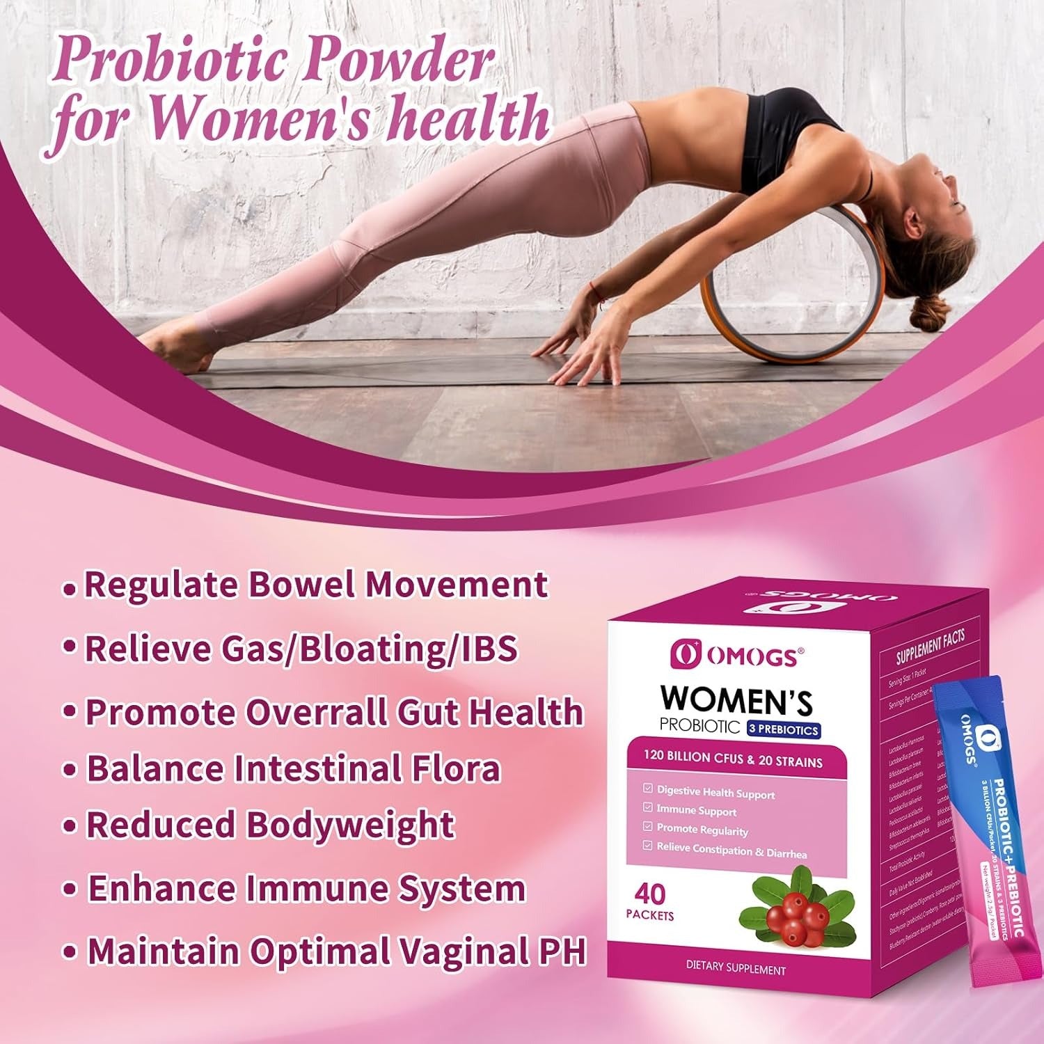 OMOGS Women's Probiotic,120-Billion-CFUs, 18 Strains, with 3 Prebiotics and Cranberry Extract, Help for Immune Booster, Digestive Health, Gut Health and Vaginal Health