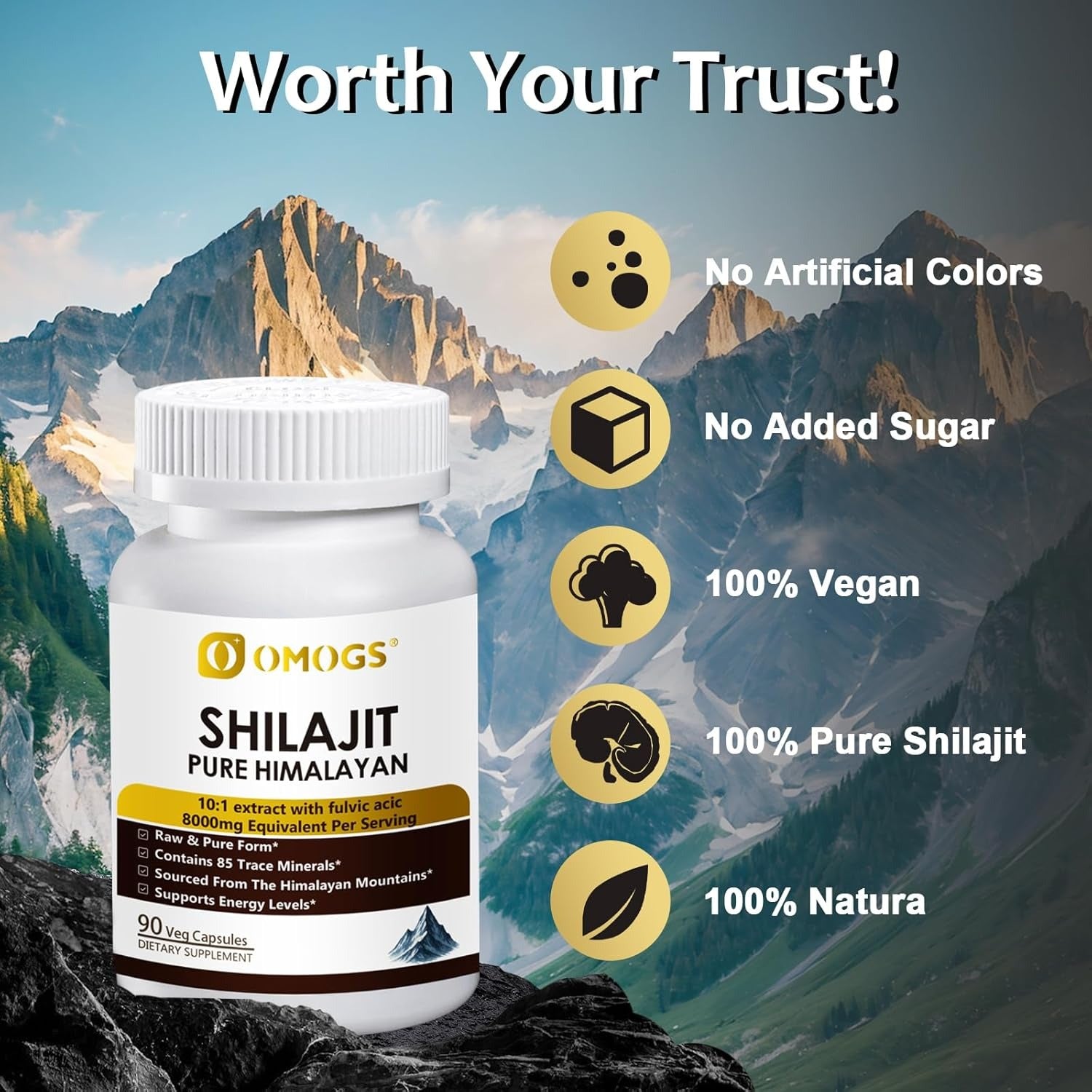 OMOGS Shilajit Pure Himalayan Organic Shilajit Capsules, with Fulvic Acid & 85+ Trace Minerals Complex for Energy, Strength, Stamin & Immunity, for Men/Women - 90 Veg Capsules
