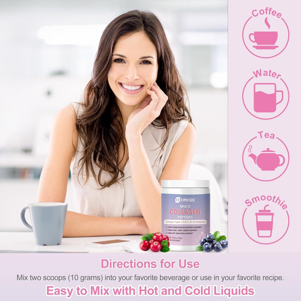 OMOGS Hydrolyzed Collagen Peptide Powder with Prebiotics, Vitamin C & Cranberry Extract，Support Hair, Skin, Nails, Bones, Digestive & Urinary Tract Health, Easy Dissolve, Non-GMO, for Women & Men.
