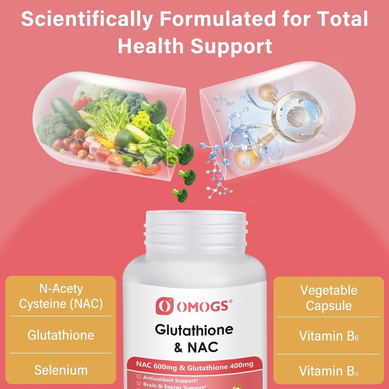 OMOGS Glutathione & NAC Supplement, with vtamin B & Selenium, Supports Liver Health, Cellular, Antioxidant, Energy Production & Immune, Vegan & Gluten-Free, 90 Veg Capsules.
