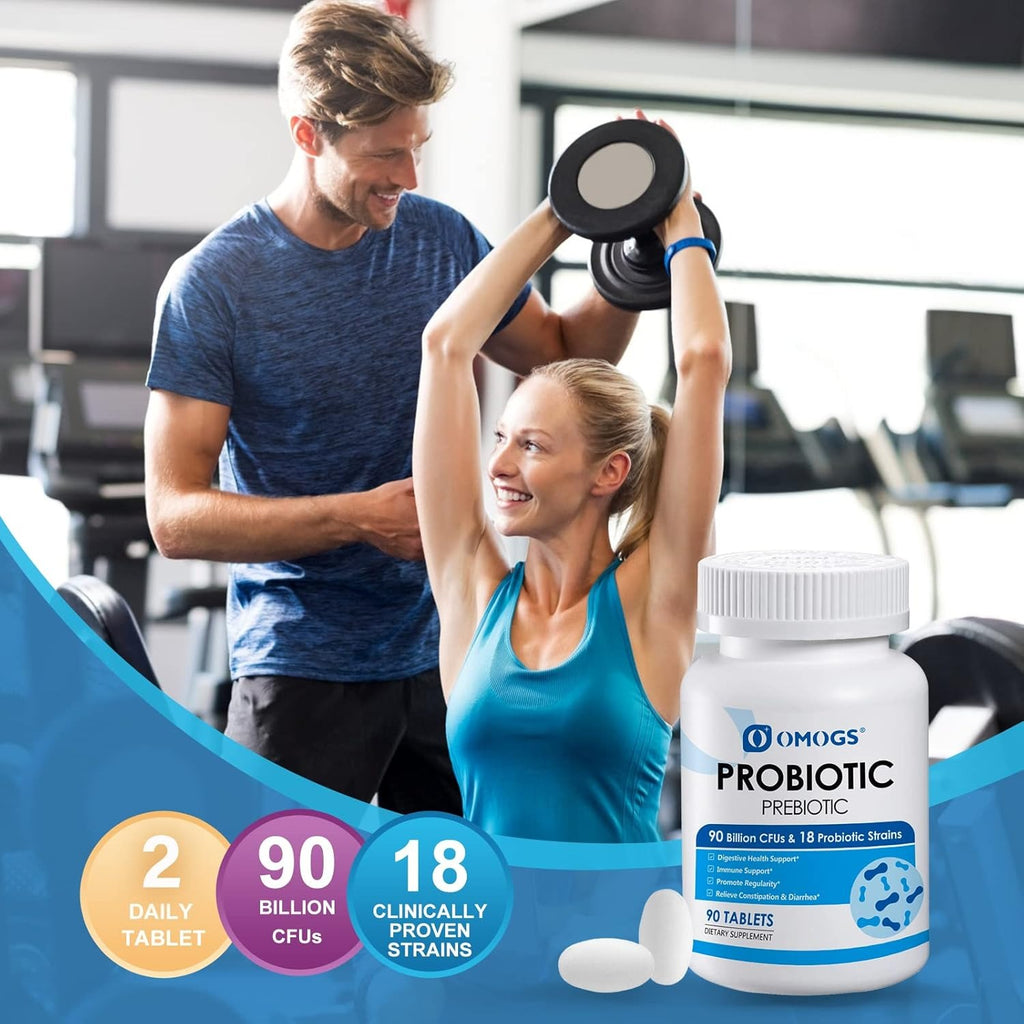 OMOGS Probiotics 90 Billion CFUs 18 Strains,with 3 Organic Prebiotics & Vitamin C,Nutritional Supplement for Women,Men & Kids,Support Metabolism,Immunity and Digestive Health,Non-GMO, 90 Tablets