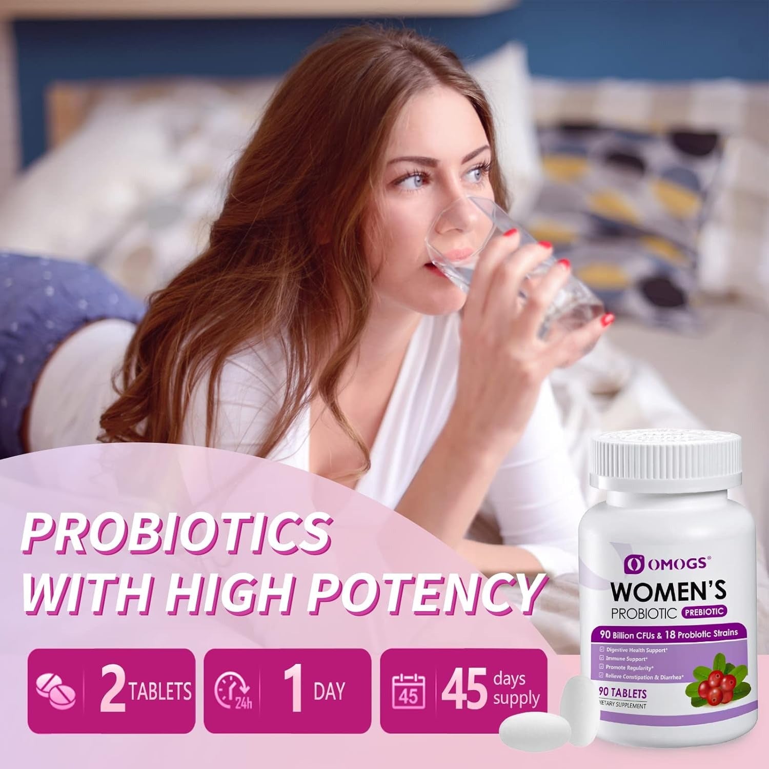 OMOGS Women's Probiotic, with Cranberry Extract, Organic Prebiotics & Vitamin C, 90 Billion CFUs,18 Strains, Help for Boost Immune, Digestive, Gut Health & Women's Health, Gluten & Soy Free,90 Tablets