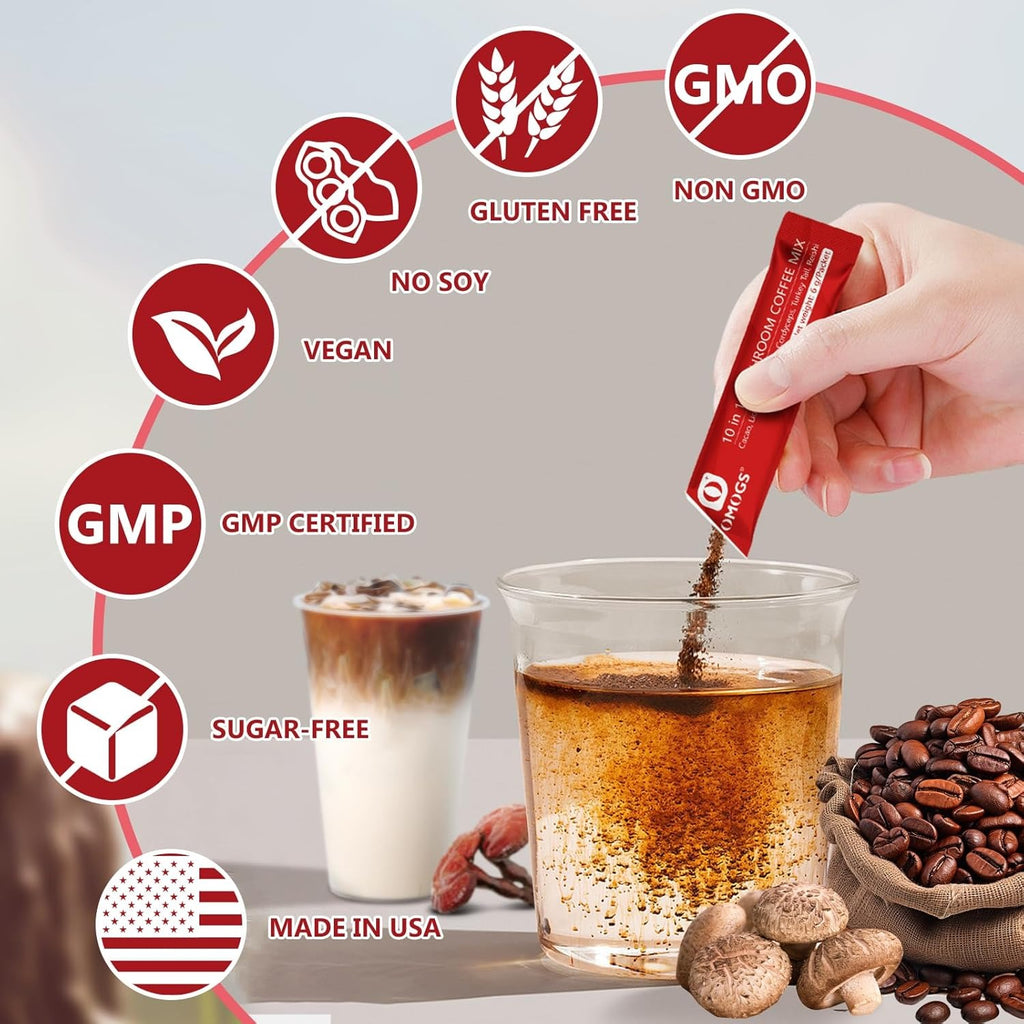 OMOGS Mushroom Coffee, 10 in 1 Extract Powder Blend Lion's Mane, Reishi, Cordyceps, Chaga, Turkey Tail, Instant Coffee-for Energy, Focus, Memory, Digestion & Immunity, 30 Serving