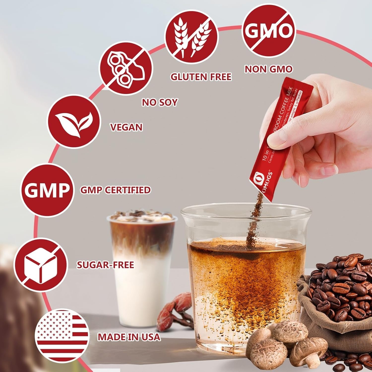 OMOGS Mushroom Coffee, 10 in 1 Extract Powder Blend Lion's Mane, Reishi, Cordyceps, Chaga, Turkey Tail, Instant Coffee-for Energy, Focus, Memory, Digestion & Immunity, 30 Serving