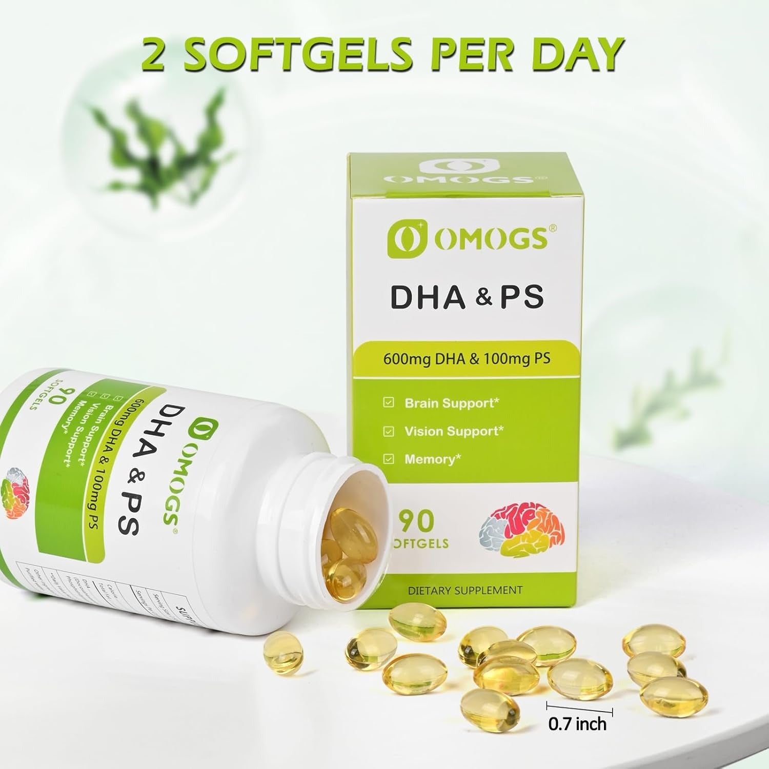 OMOGS Algae DHA - 600 mg Omega-3 DHA Softgels, with Phosphatidylserine & Walnut Oil, Supports Healthy Brain Function, Vision, Eye & Memory, Gluten Free, Non-GMO Vegan Algae Oil, 90 Softgels