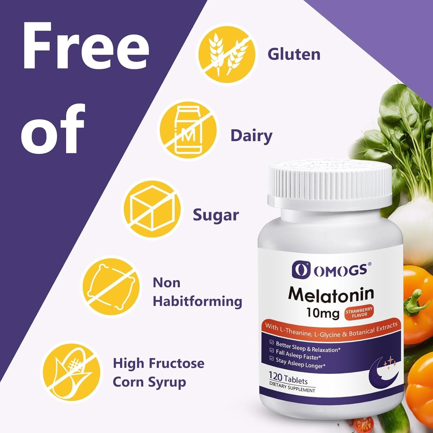 OMOGS Melatonin Sleep Supplements, Fast Dissolve Melatonin 10mg Tablets,with L-Theanine .L-Glycine & Vitamin, Promotes Relaxation & Sleep Health, Strawberry Flavor, 120-Day Supply.