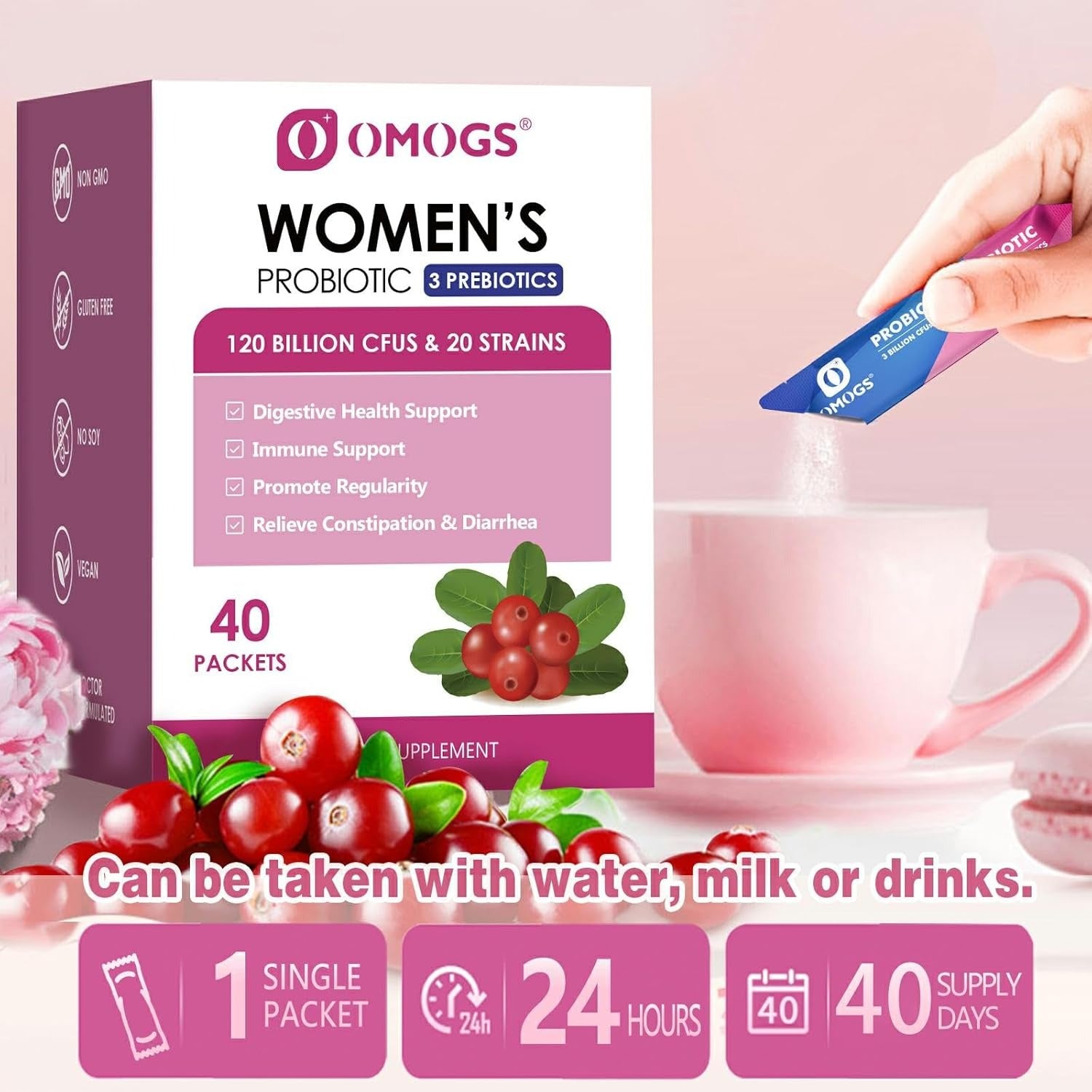 OMOGS Women's Probiotic,120-Billion-CFUs, 18 Strains, with 3 Prebiotics and Cranberry Extract, Help for Immune Booster, Digestive Health, Gut Health and Vaginal Health