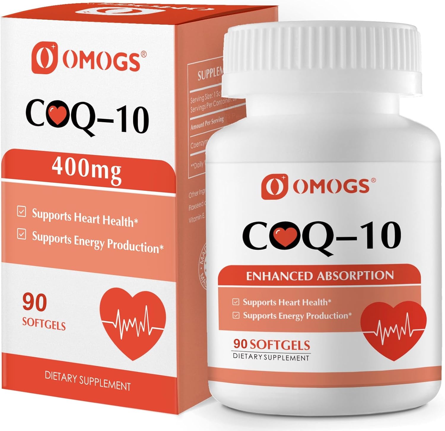 OMOGS CoQ10 400mg Softgels, Coenzyme Q10 High Absorption Supplements Support Heart Health, Cardiovascular Health, Immune System & Cellular Energy Production, Vegan, Gluten Free, 60 Softgels