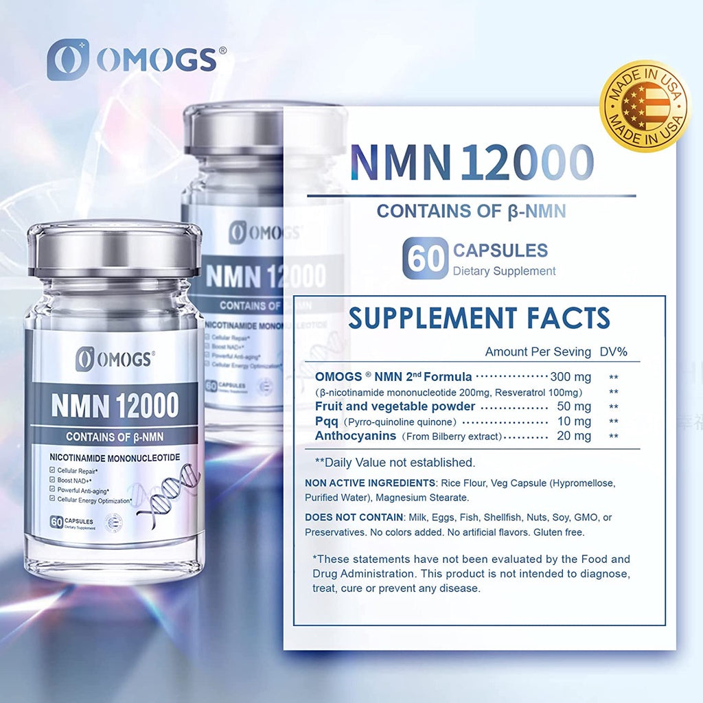 OMOGS NMN 12000, Nicotinamide Mononucleotide Supplement ,99% High Purity to Boost NAD+ Levels, High Absorption & Stabilized Form for Cellular Optimization,Healthy Aging,Boost Energy