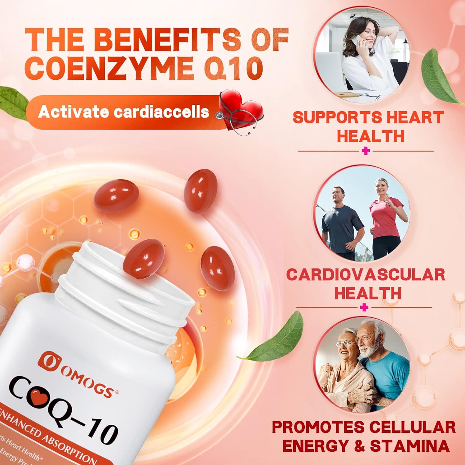 OMOGS CoQ10 400mg Softgels, Coenzyme Q10 High Absorption Supplements Support Heart Health, Cardiovascular Health, Immune System & Cellular Energy Production, Vegan, Gluten Free, 60 Softgels