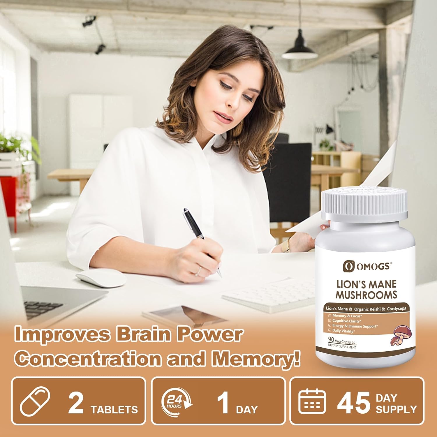 OMOGS Mushroom Complex Supplement Capsules 10:1 Extract, Lions Mane Supplement with Cordyceps, Reishi, for Brain Health, Memory Support, Focus & Immune System