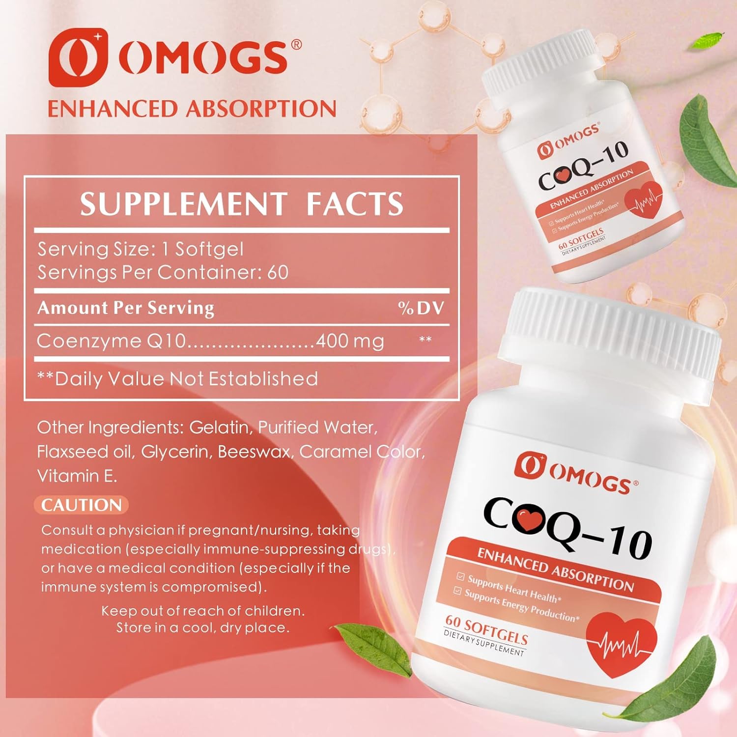 OMOGS CoQ10 400mg Softgels, Coenzyme Q10 High Absorption Supplements Support Heart Health, Cardiovascular Health, Immune System & Cellular Energy Production, Vegan, Gluten Free, 60 Softgels